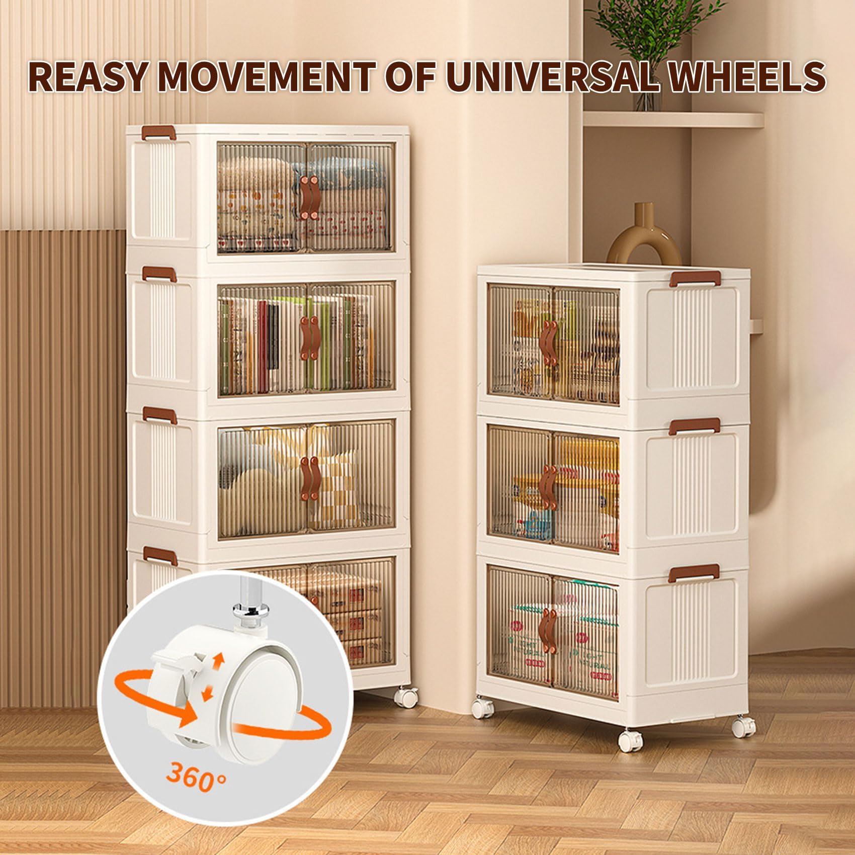 5-Tier Collapsible Storage Bins with Wheels & Doors - Foldable Cabinet for Home/Office