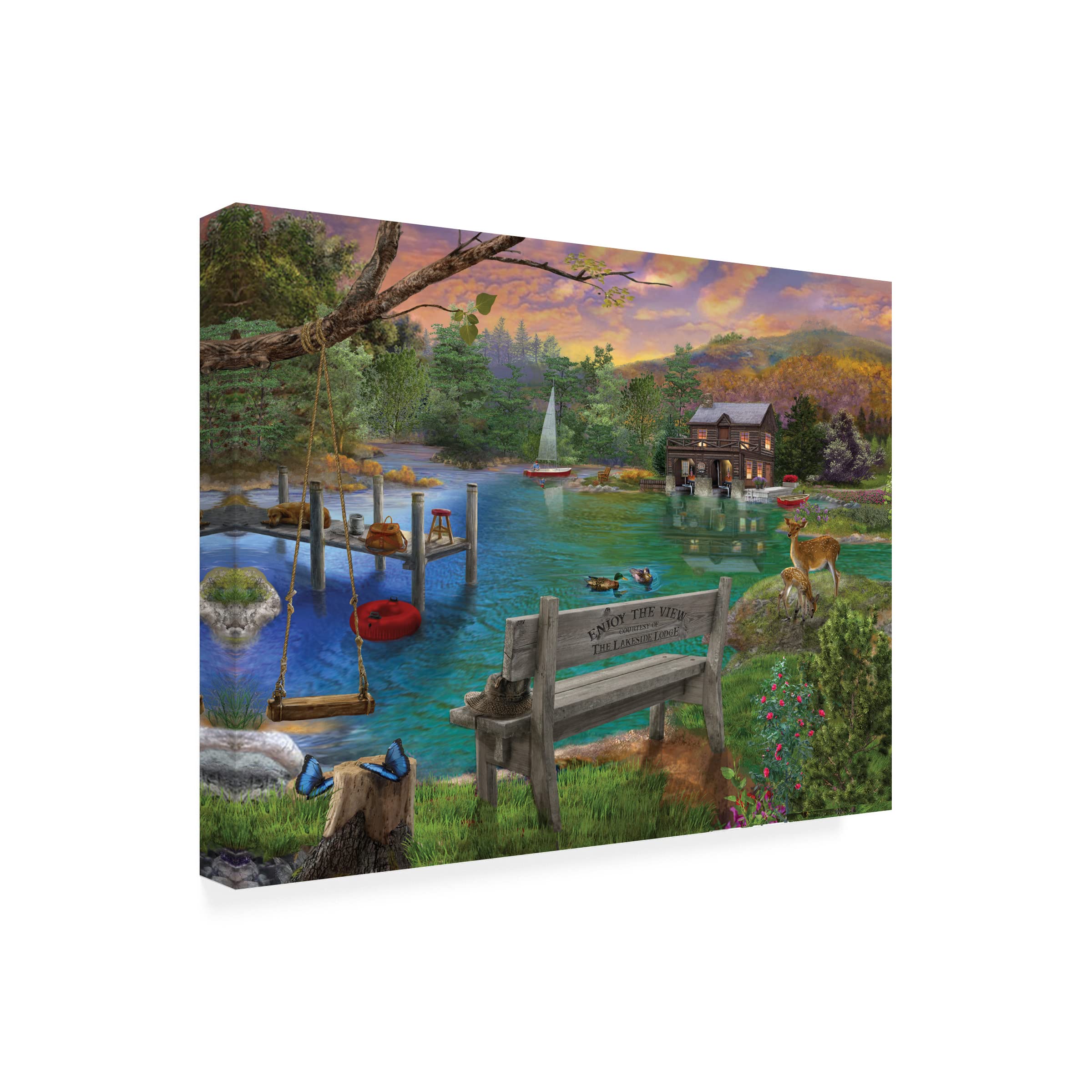 Trademark Fine Art 'Lakeside View from the Bench' Canvas Wall Art Print by Bigelow Illustrations - Perfect for Living Room, Bedroom & Office Decor