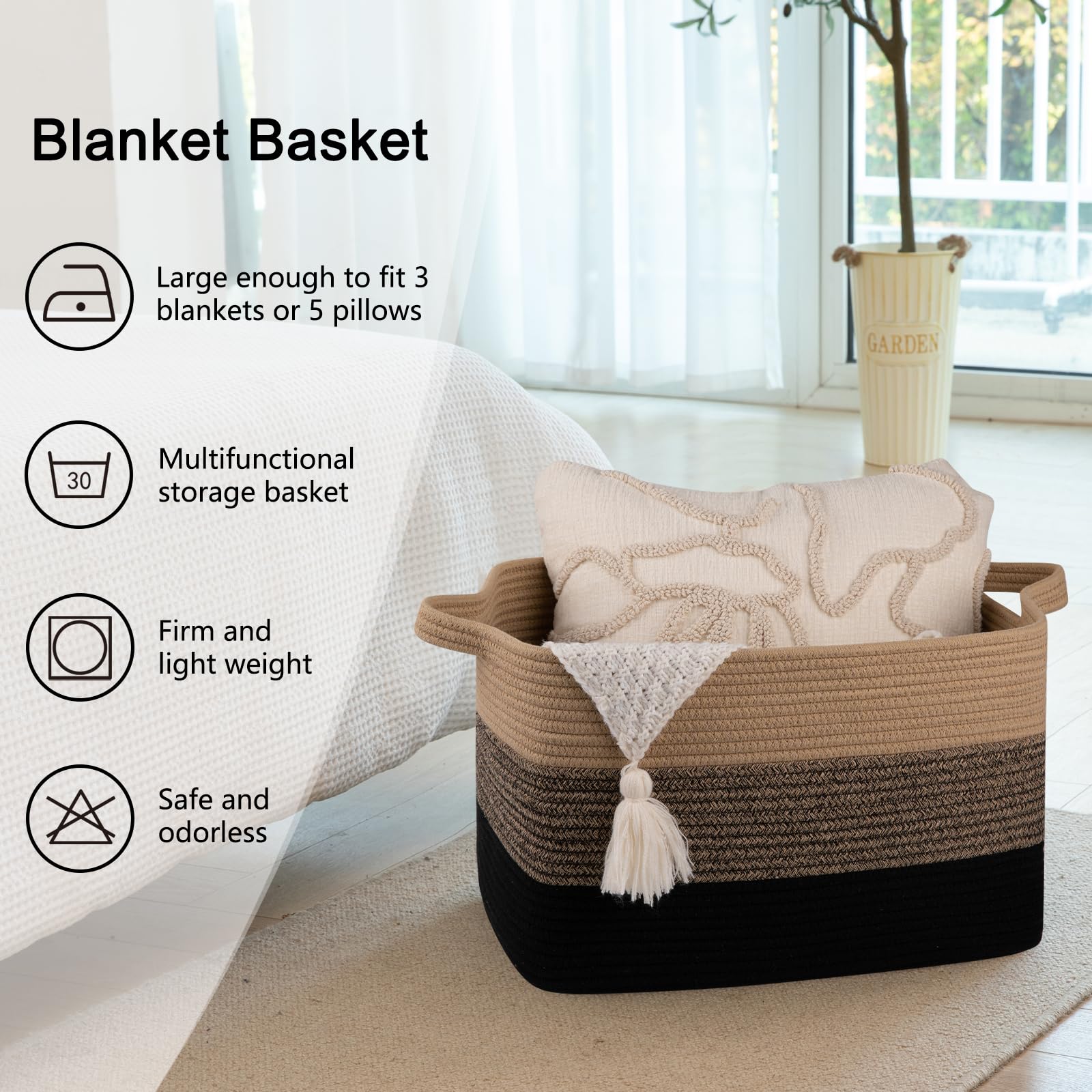 OIAHOMY Cotton Rope Storage Basket - 17.7”x13.8”x11” Rectangle Woven Organizer with Handle for Nursery Blankets, Living Room Toys & Home Organization (Yellow & Black) | Perfect for Baby Rooms, Closet Storage & Decorative Home Décor