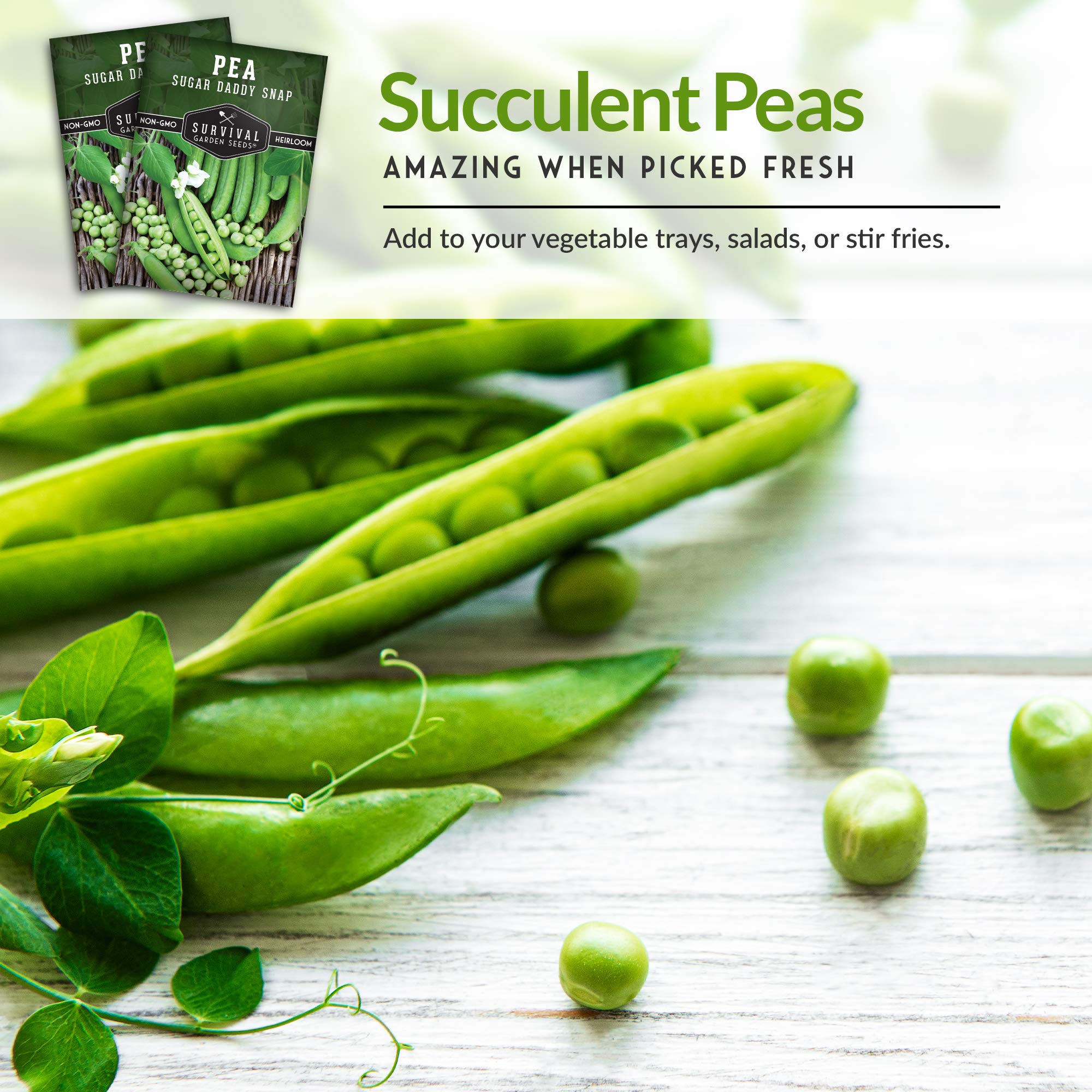 Survival Garden Seeds - Non-GMO Heirloom Sugar Daddy Snap Pea Seeds for Planting (1 Packet) - Grow Delicious Sweet Pea Pods in Home Vegetable Gardens - Perfect for Fresh Salads, Stir-fries & Healthy Snacking