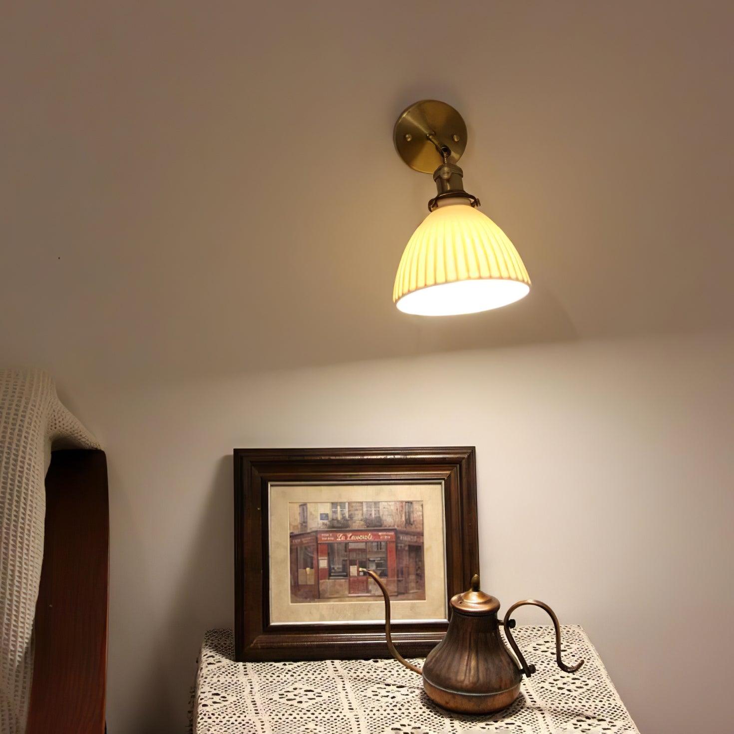 Brass Pleated Ceramic Wall Lamp - Vintage Style Sconce Lighting for Bedroom, Living Room & Hallway