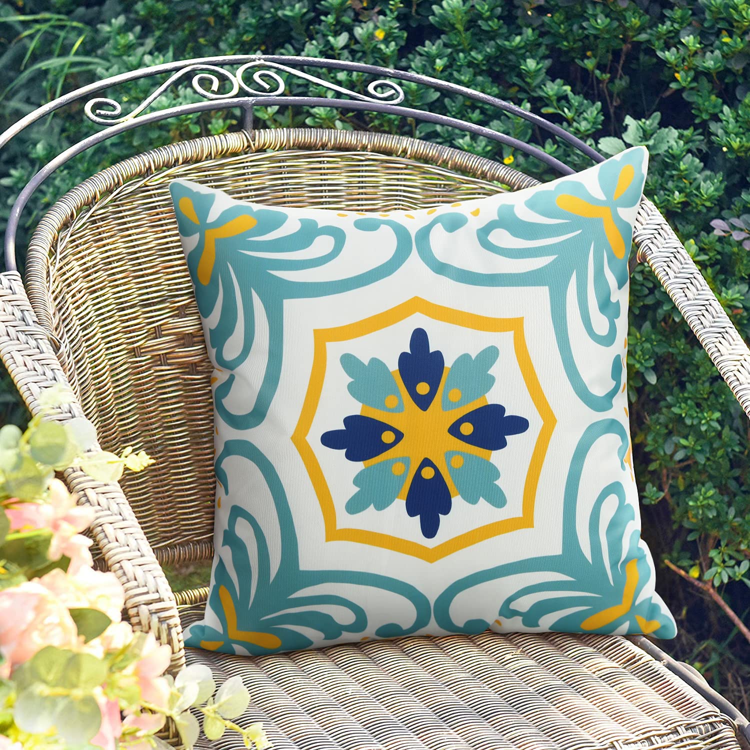 Waterproof Outdoor Pillow Covers 16x16 Inch - Set of 4 Blue Spring Summer Garden Cushion Cases for Patio, Couch, Tent & Camping - Durable Weather-Resistant Decorative Throw Pillows