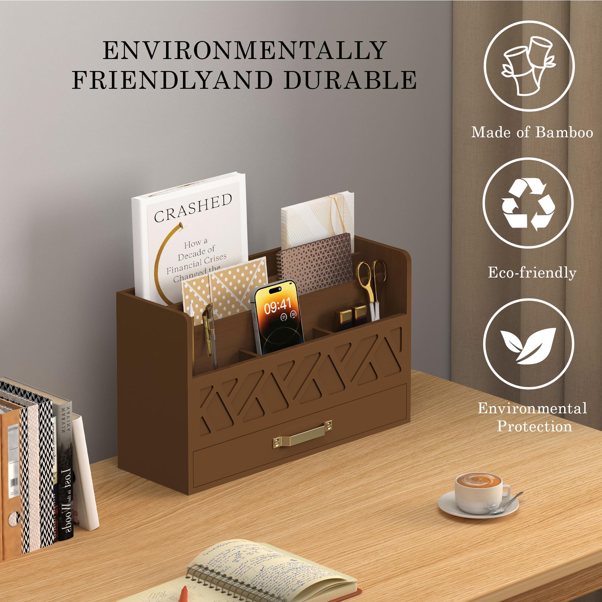 Bamboo Desk Organizer - Wooden Mail Holder & Countertop Storage Box with Pen Holder, Letter Sorter & Makeup Organizer for Home Office, School Supplies (All Brown) | Perfect for Desk Organization, Mail Sorting & Makeup Storage