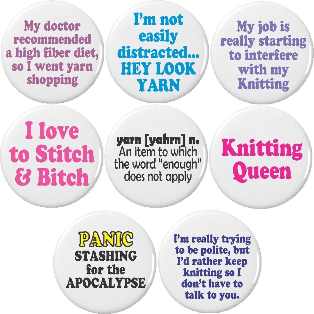 Set of 8 Knitting Queen Humor Quote Pinback Buttons - Funny Knitting Pins for Hats, Bags & Jackets - Perfect Gift for Knitters & Crocheters