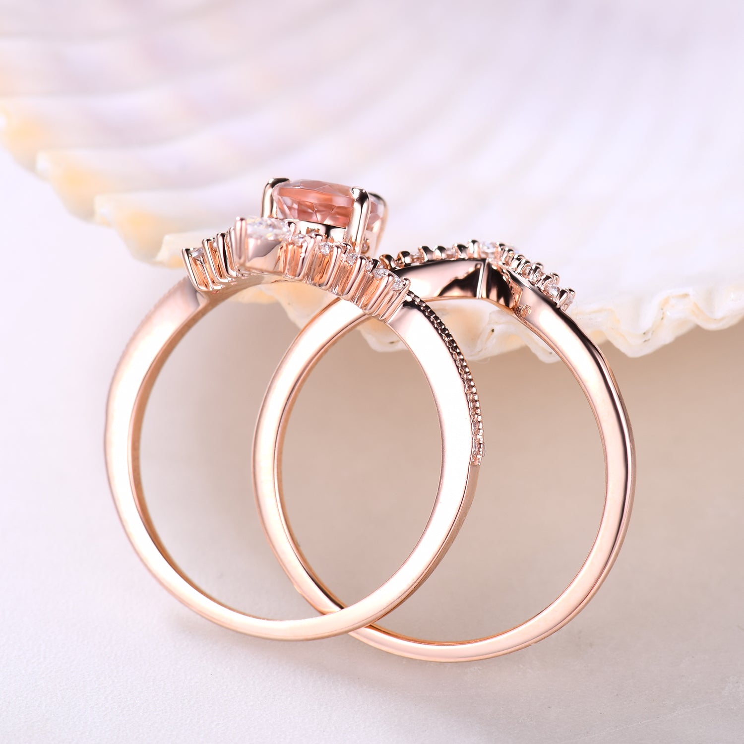 Morganite and Moissanite Teardrop Bridal Ring Set with Curved Chevron Band - Unique Crown Design for Engagement, Wedding, Anniversary Gift - Perfect for Proposals, Bridal Jewelry, and Special Occasions