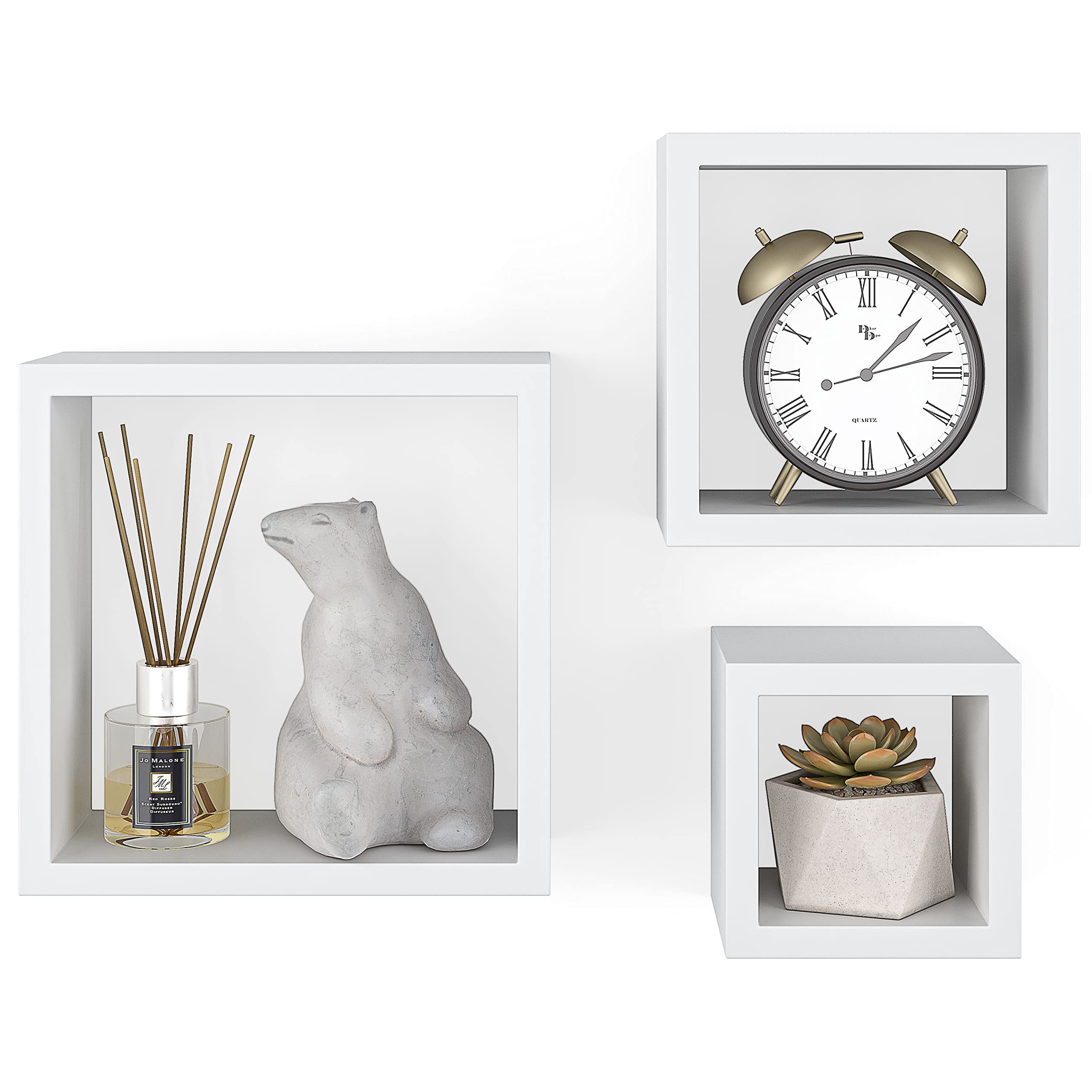 Ballucci Floating Box Shelves - Set of 3 White Square Wall Mounted Wooden Shelves for Home Decor | Perfect for Living Room, Bedroom, Bathroom & Nursery Organization | Modern Storage Solution for Books, Plants & Decorative Items