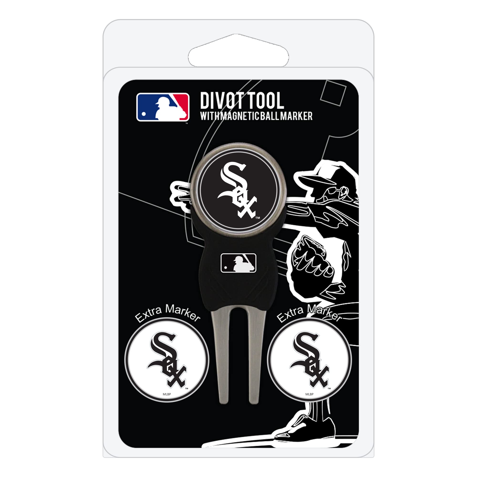Team Golf MLB Divot Tool with 3 Removable Magnetic Double-Sided Enamel Ball Markers - Perfect for Golf Course Repair & Ball Marking - Great Gift for Baseball & Golf Fans