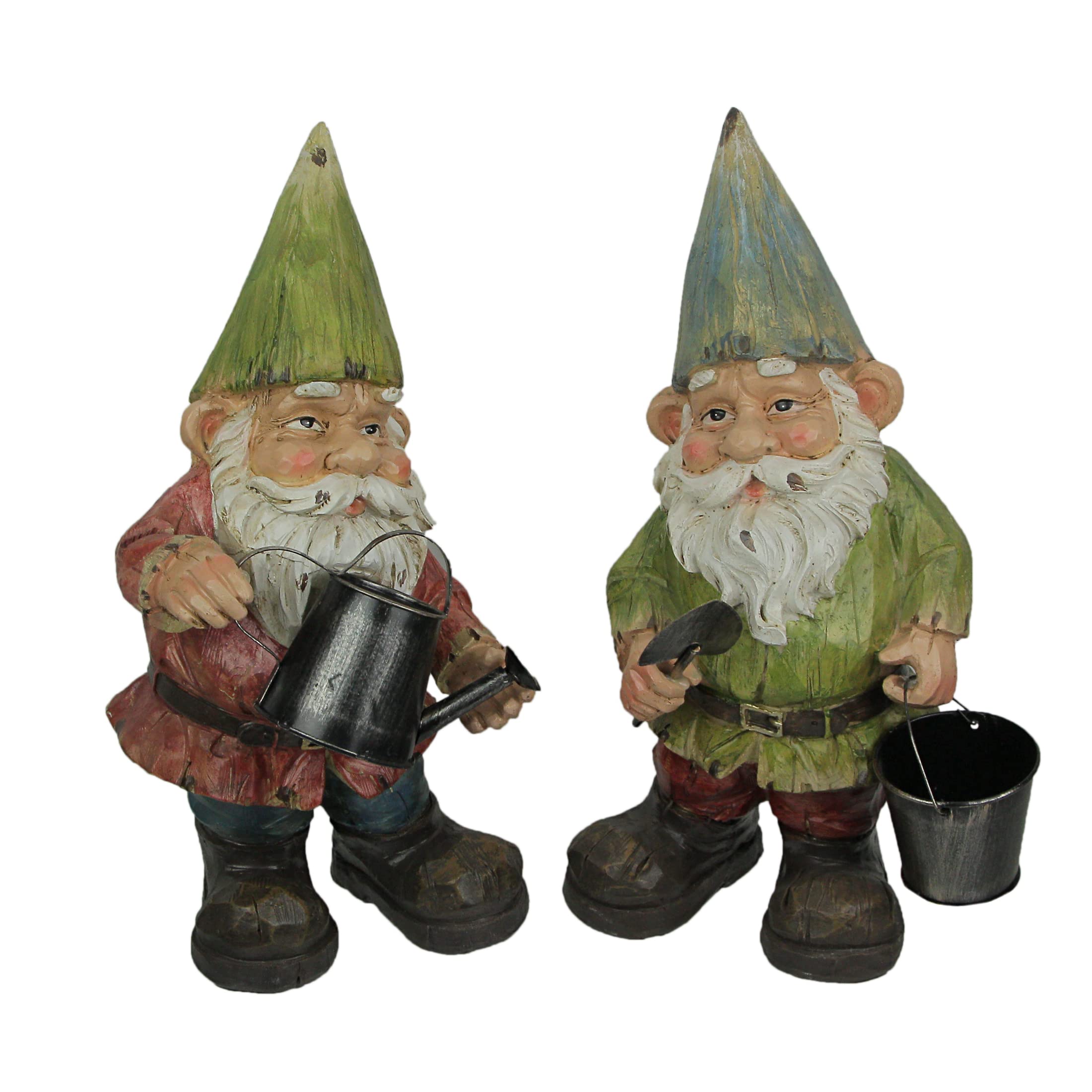 Set of 2 Wood-Look Garden Gnome Resin Statues - 15 Inch Outdoor Lawn Decor, Yard Art for Garden, Patio & Landscape Decoration