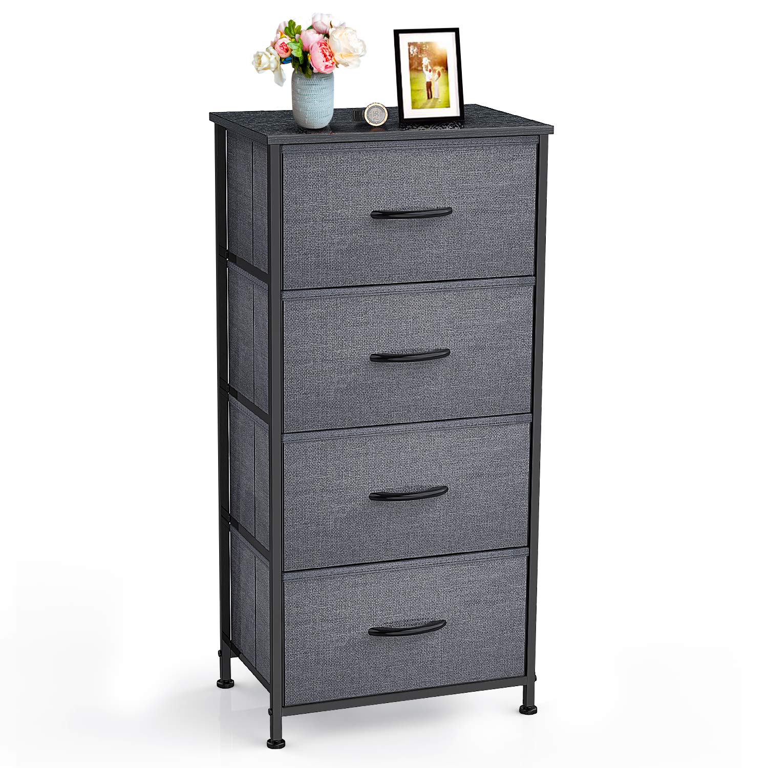Yesker 4-Drawer Fabric Storage Tower with Steel Frame & Wood Top - Nightstand Dresser Organizer for Bedroom, Hallway, Entryway & Closet - Easy Pull Handle in Black/Grey - Perfect for Small Space Organization & Home Decor