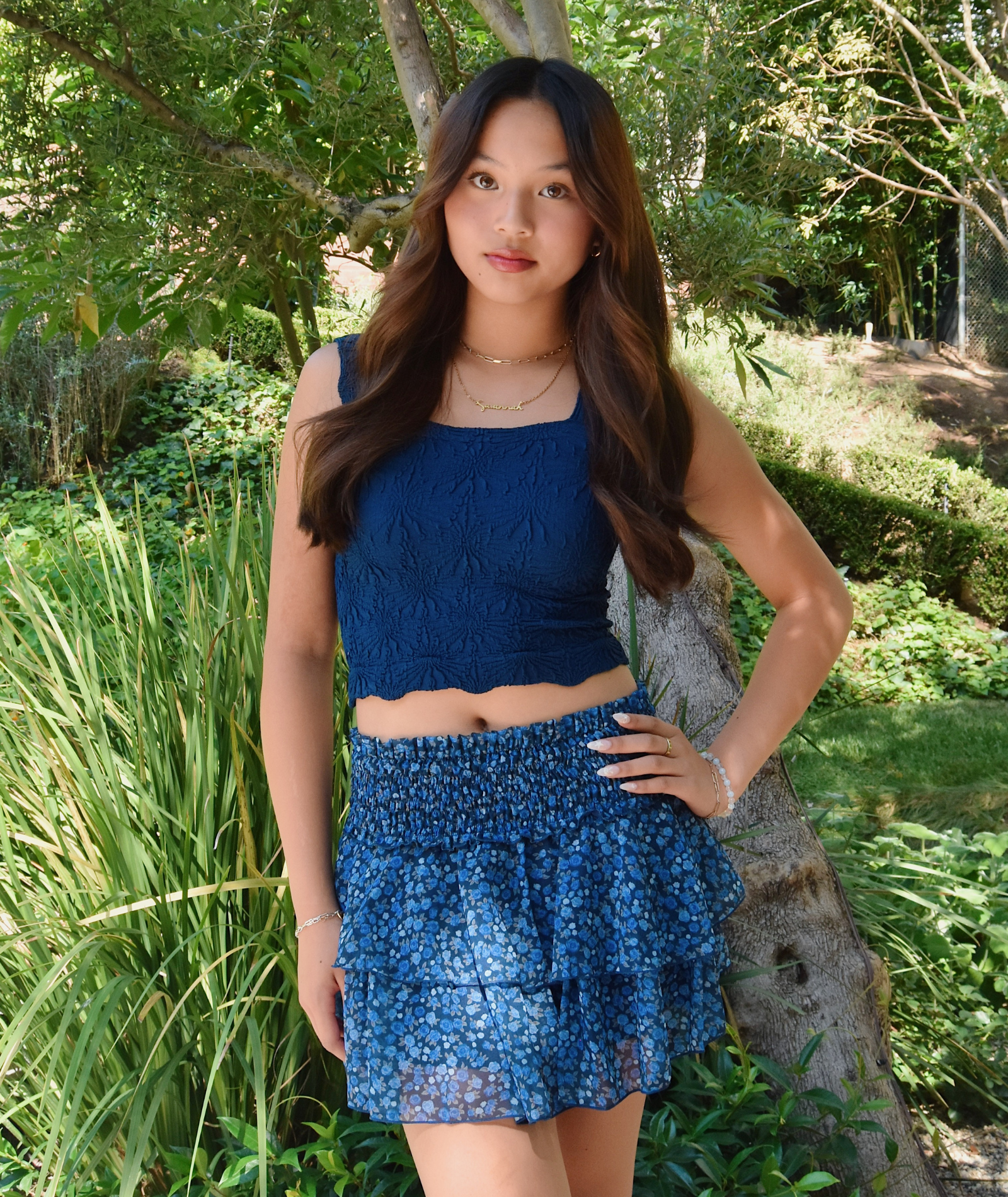 FBZ Girls Victoria Blue Floral Chiffon Skirt - Elegant A-Line Midi Skirt for Teens, Perfect for Spring Summer Outfits, Parties, and Photo Shoots