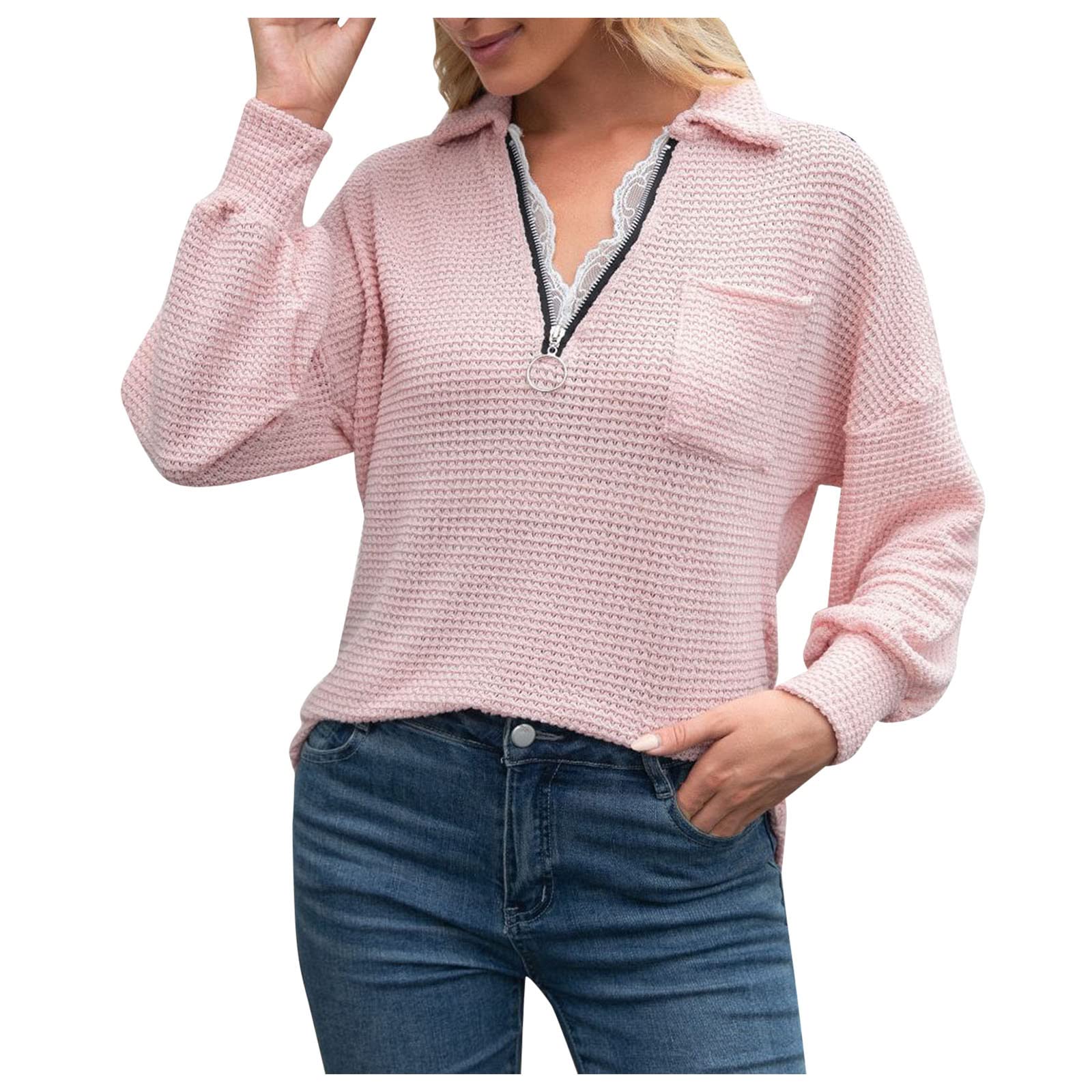 Women's Long Sleeve Waffle Knit Pullover Blouse - V Neck Lace Trim Lantern Sleeve Top for Casual Wear, Office & Date Night Outfits