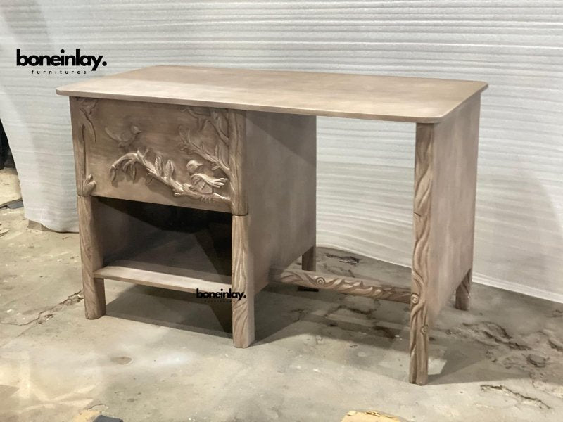 Hand Carved Bird Design Wooden Ornithology Work Desk with Drawer - Vintage Style Writing Desk for Home Office, Study & Library Decor