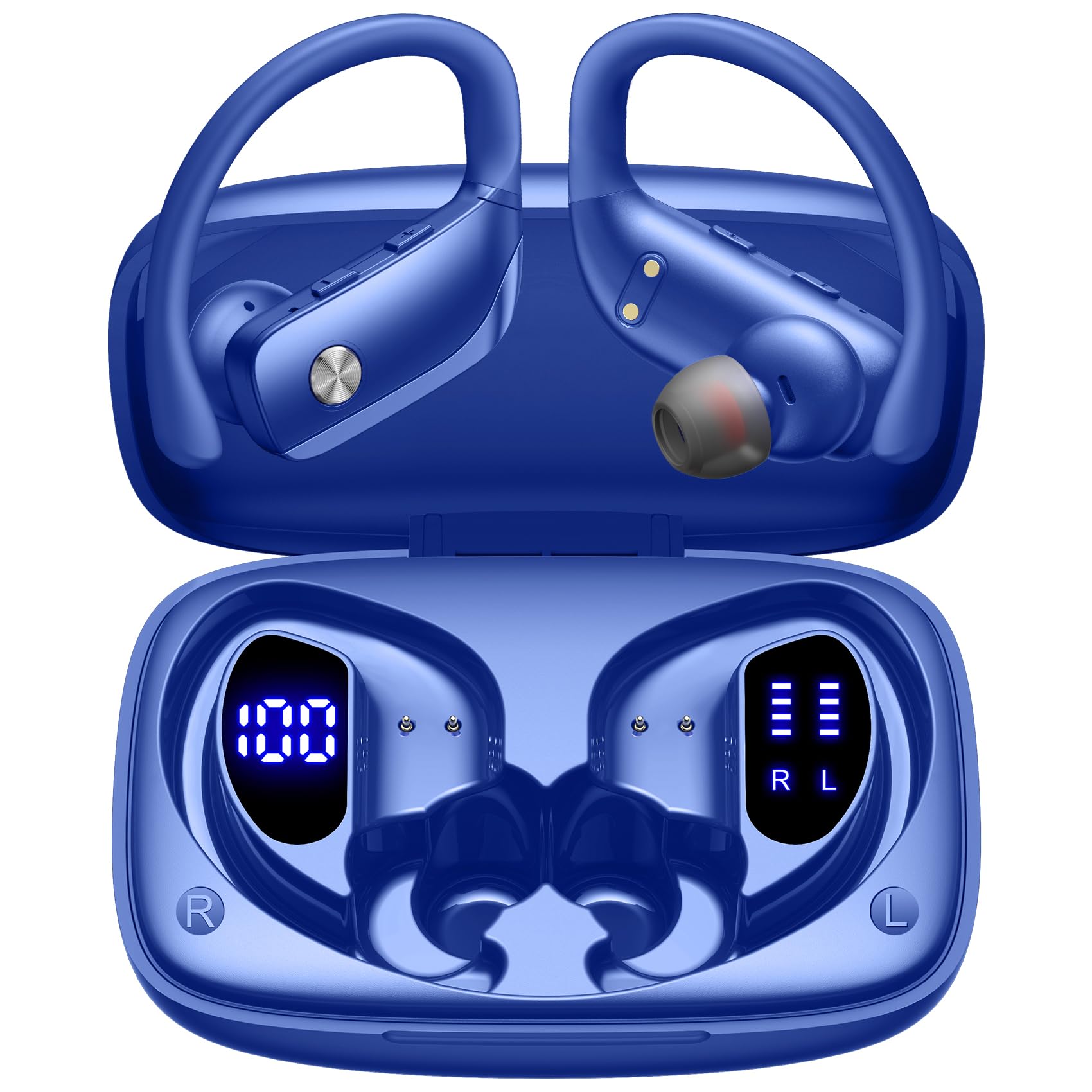 bmani Wireless Bluetooth Earbuds with LED Display - 48H Playtime, Built-in Mic, Secure Earhooks for Sports & Workouts - Sweatproof Over-Ear Headphones for Running, Gym & Outdoor Activities (Blue)