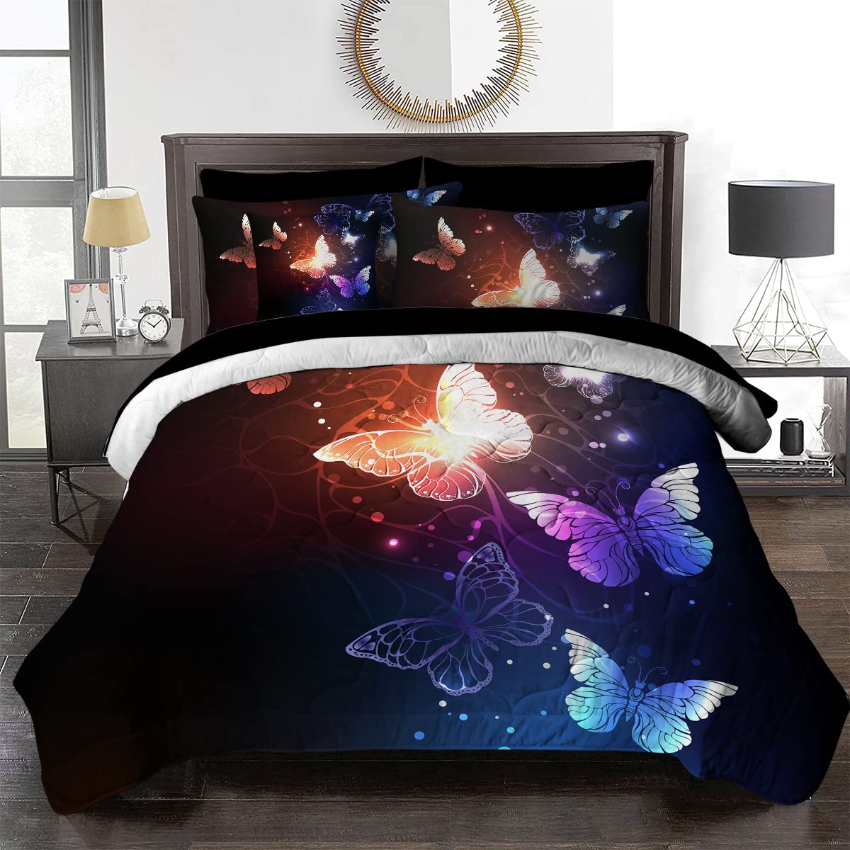 **BlessLiving 8-Piece Butterfly Comforter Set - Sparkle Bedding with Glow Butterflies, Dark Blue King Size Bed in a Bag (1 Comforter, 2 Shams, 1 Flat Sheet, 1 Fitted Sheet, 2 Pillowcases, 1 Cushion Cover) - Perfect for Bedroom Decor, Guest Room, and Luxury Home Styling**