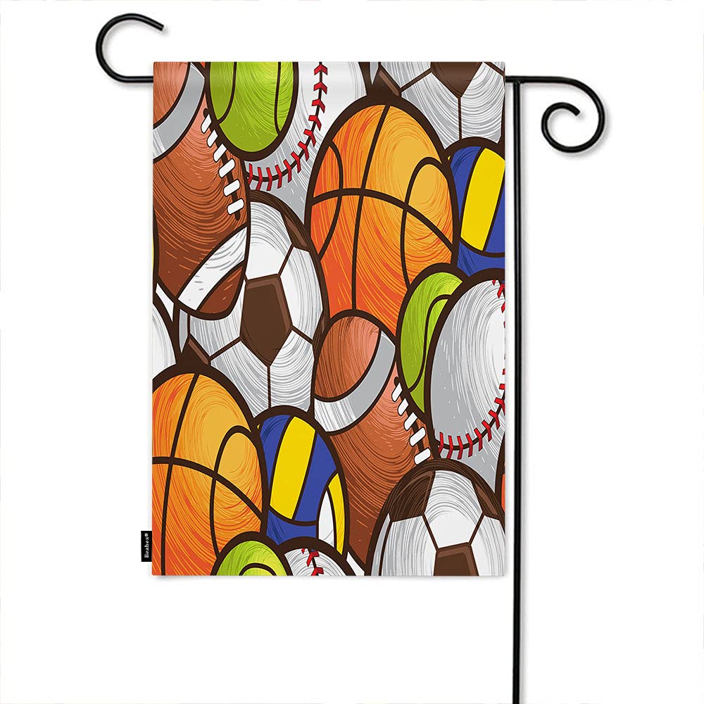 Double-Sided 12x18 Inch Colorful Sports Garden Flag - Baseball, Basketball, Football, Soccer & Volleyball Design - Perfect for Patio, Lawn, Villa, Park & Outdoor Decor - Welcome Yard Banner for Porch & Garden