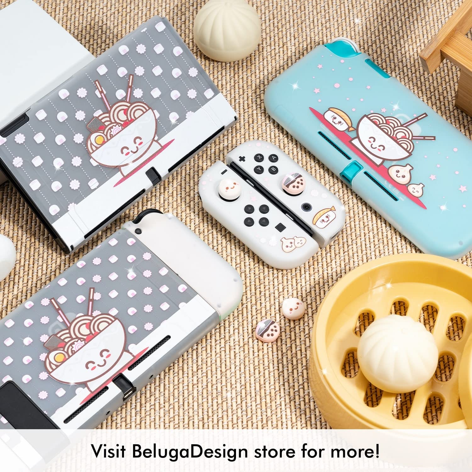 BelugaDesign Cute Kawaii Pastel Ramen Sushi Nintendo Switch Case | Japanese Food Themed Protective Cover for Switch & Switch Lite (Clear) | Perfect for Gaming, Travel & Anime Lovers
