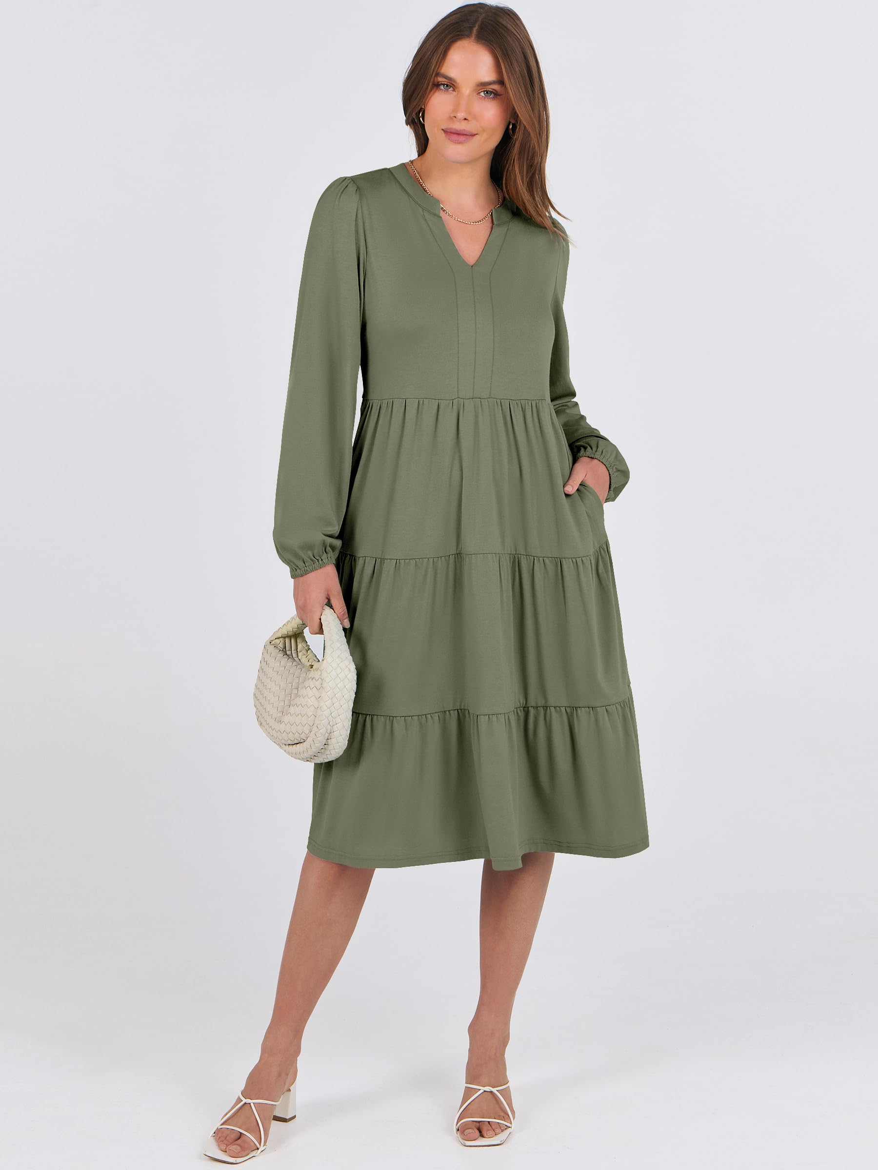 ANRABESS Women's Long Sleeve V-Neck Flowy Swing Dress - Casual Loose Fit Tiered Midi Dress for Spring 2025 | Perfect for Vacation, Beach, Date Night & Everyday Wear
