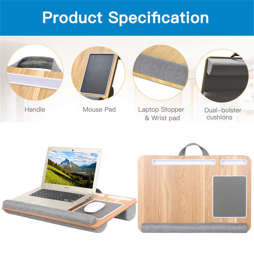 Adjustable Wooden Laptop Tray for Bed with Cushion Support - Built-in Mouse Pad & Wrist Rest for Notebook/Tablet - Includes Phone/Pen Holder for Writing & Reading (55x36.8x10cm) - Perfect for Home Office, Studying in Bed, or Relaxing with Laptop