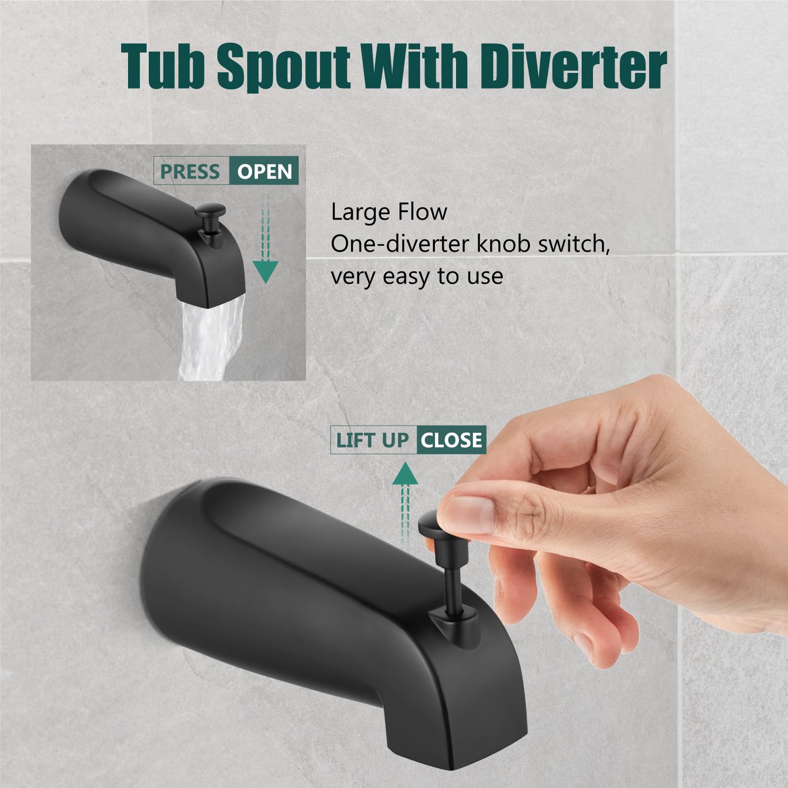 6 Inch Square Matte Black Bathtub Shower Faucet Set with Pressure Balance Valve - Single Handle Shower System Kit Including Showerhead, Handle & Tub Spout for Bathroom Renovation & Modern Home Upgrade