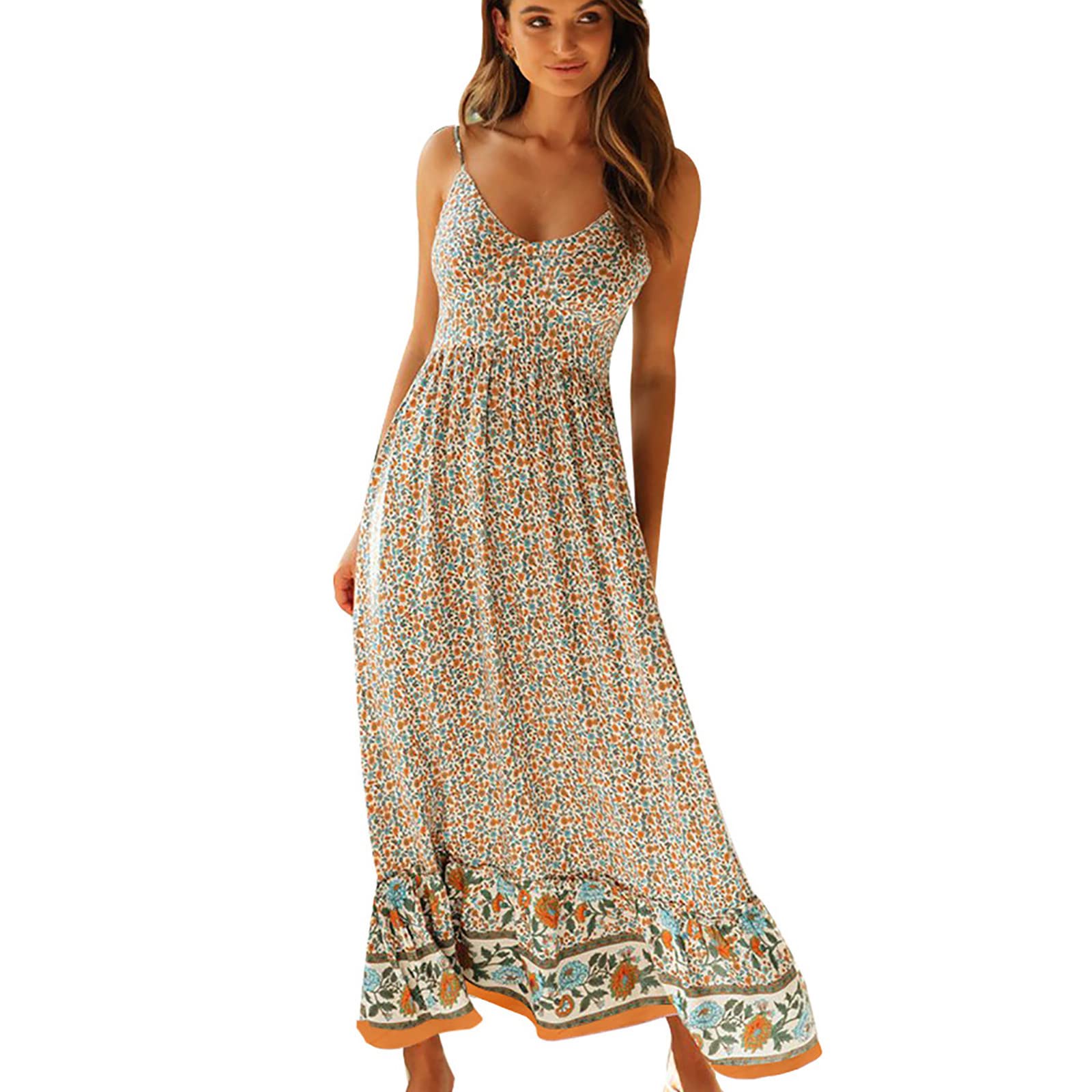 Women's Long Boho Maxi Dress - Floral Summer Beach Sundress with Spaghetti Strap V-Neck | Perfect for Vacations, Music Festivals & Casual Outings