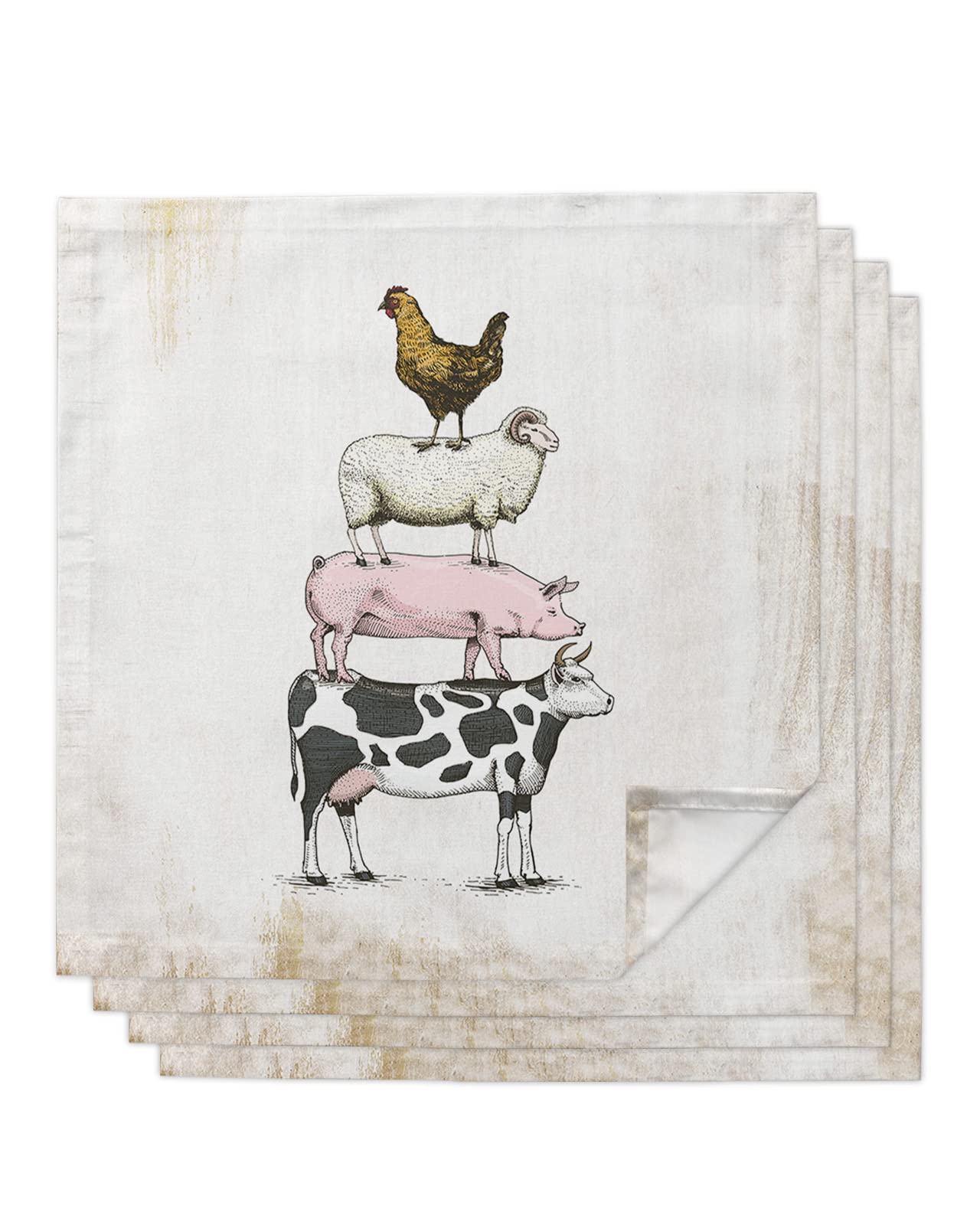 Farmhouse Animal Print Cloth Napkins - Set of 4 Reusable 20x20 Inch Washable Cotton Napkins with Cow, Pig, Sheep & Chicken Designs - Perfect for Picnic, Party, Wedding & Farmhouse Table Decorations