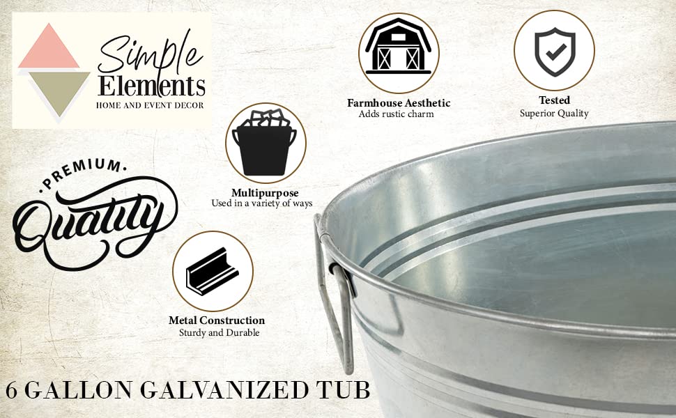 Simple Elements 6 Gallon Galvanized Metal Tub - Rustic Farmhouse Decor Ice Bucket for Beverages, Parties & Outdoor Events - 19.25