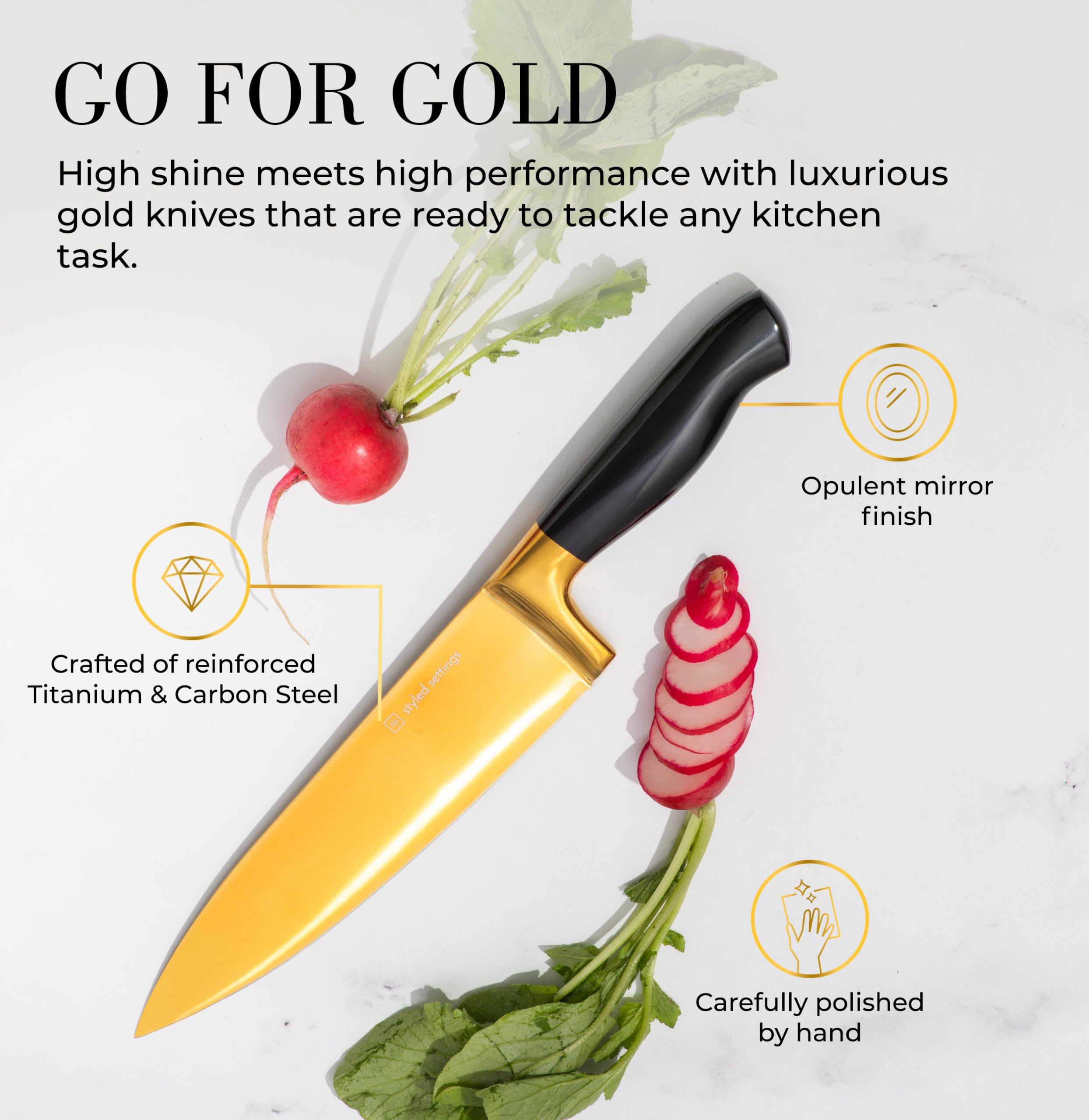 Premium 14-Piece Black & Gold Knife Set with Wooden Block & Built-in Sharpener - Full Tang Kitchen Knives for Cooking, Slicing & Food Prep - Luxury Gold Kitchen Accessories Gift Set for Chefs & Home Cooks - Perfect for Holiday Gifting, Wedding Registry & Professional Kitchens
