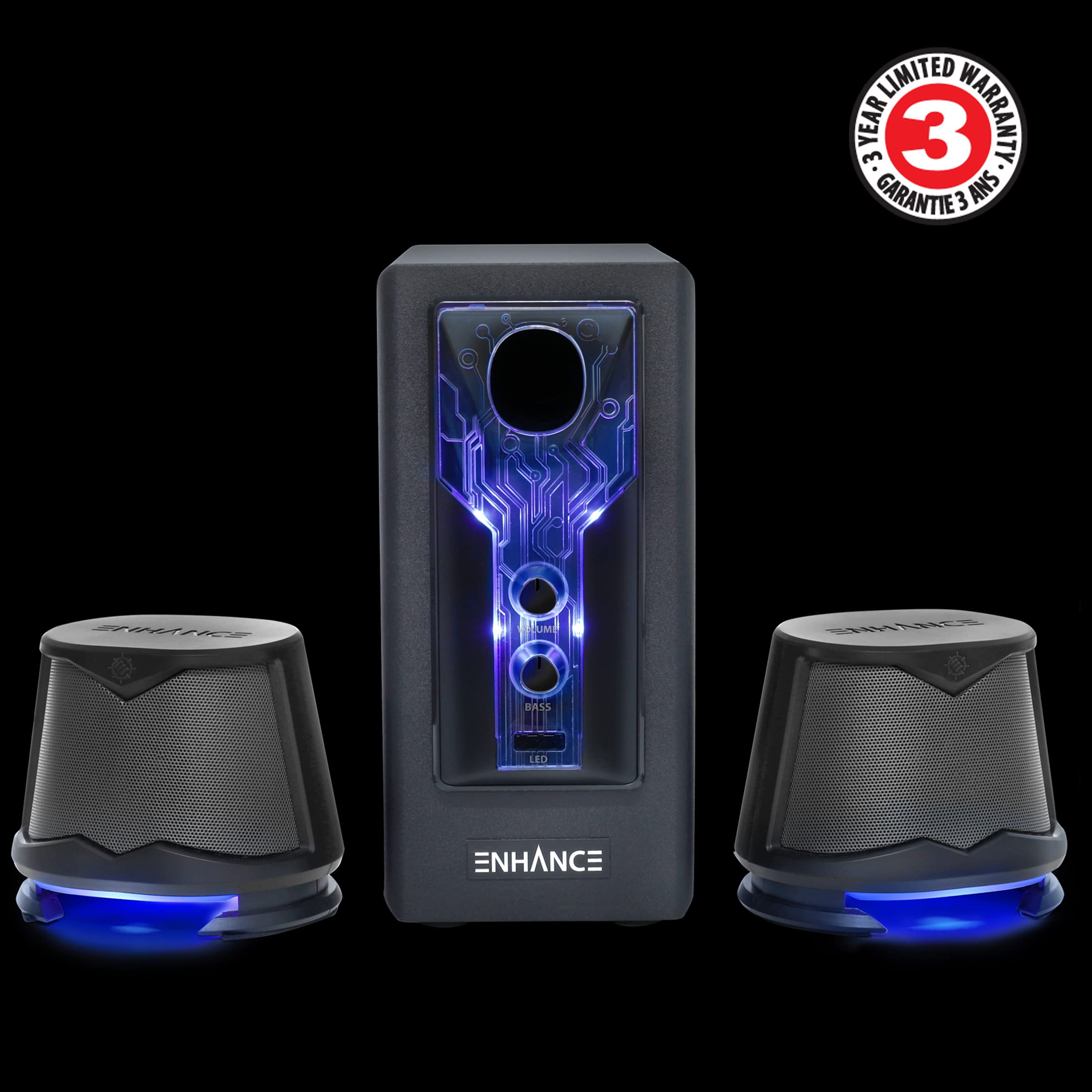 ENHANCE SB 2.1 Computer Speakers with Subwoofer - High Performance Gaming Speakers with Blue LED Lights, Bass & Volume Control | Perfect for PC Gaming, Desktop & Laptop Setup | Home Office & Entertainment Sound System