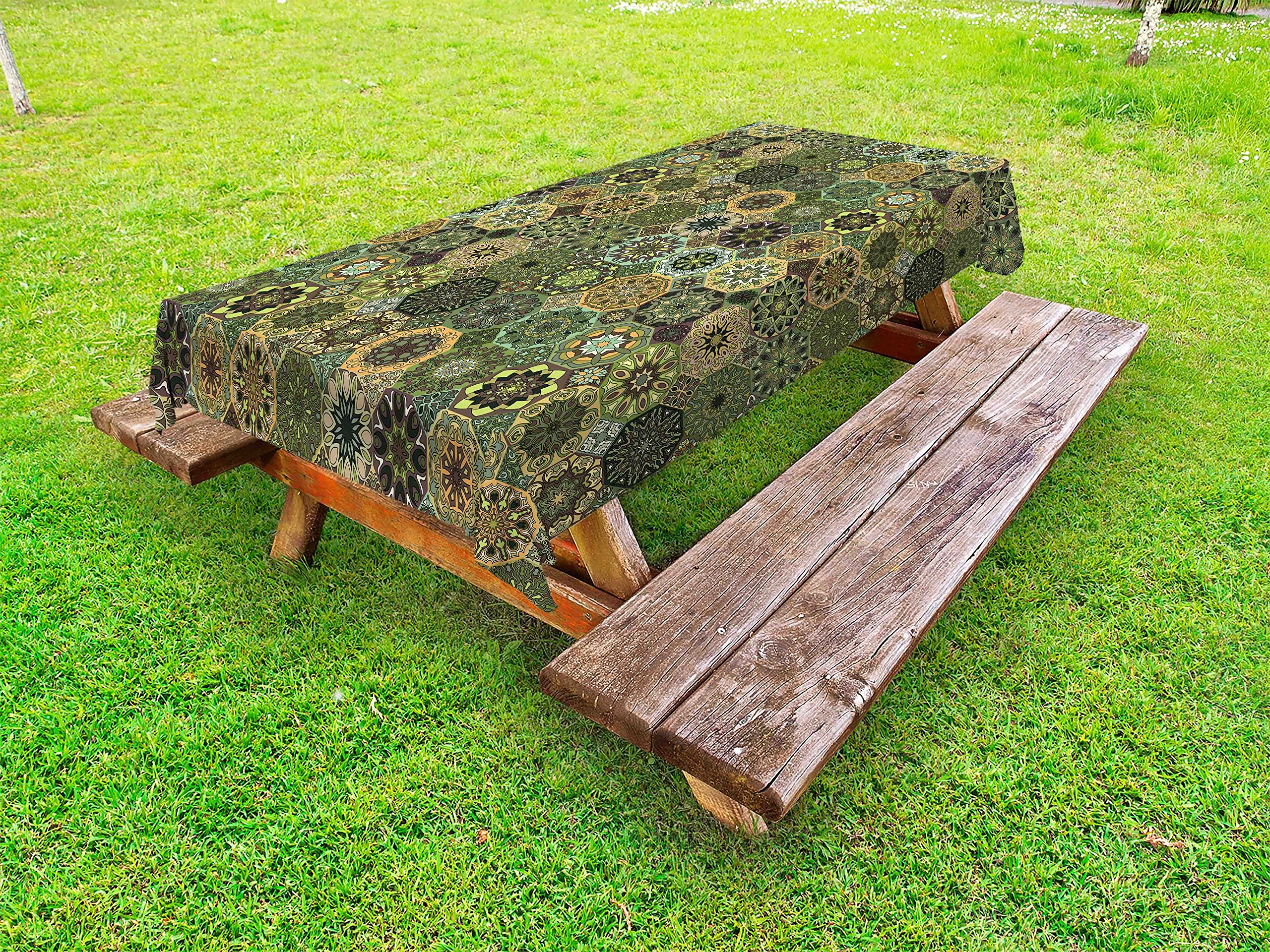 Ambesonne Mandala Outdoor Tablecloth - Floral Design with Retro Octagon & Rhombus Patterns, Washable Picnic Table Cover 58