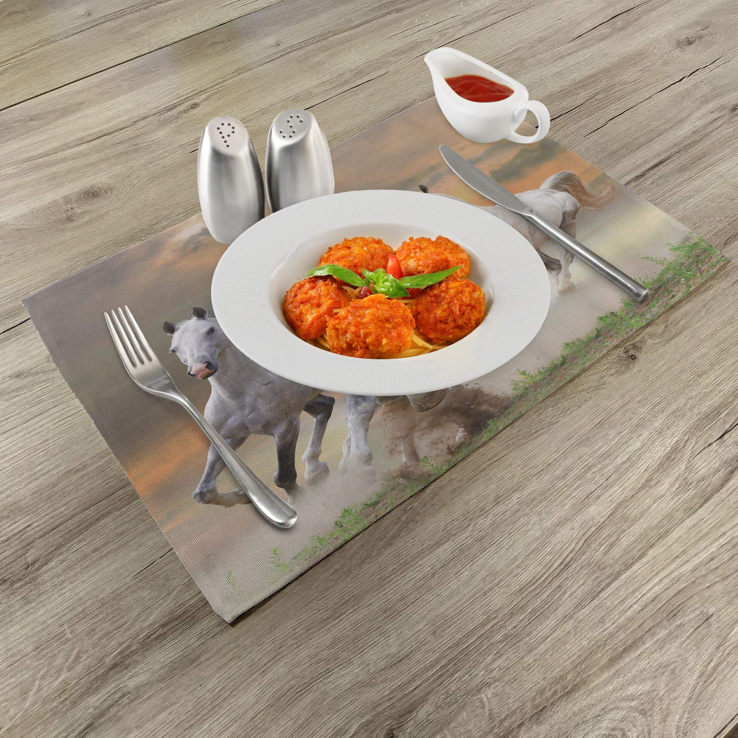 Ambesonne 4-Piece Horses Placemats Set - Stallion Horses Running on Mystic Sky Equestrian Print, Washable Fabric Table Mats for Dining Room & Kitchen Decor (White & Orange) - Perfect for Dinner Parties, Holiday Gatherings & Western-Themed Events