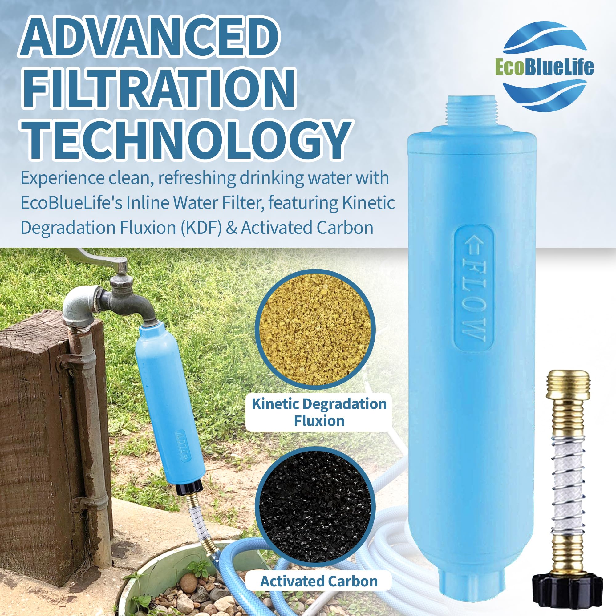EcoBlueLife RV Water Filter - Inline Attachment with KDF & Activated Carbon for Clean Drinking Water | Flexible Solution for Camper, Marine, RV, and Off-Grid Living | Best Rated Water Purification System (EBL RV1001)