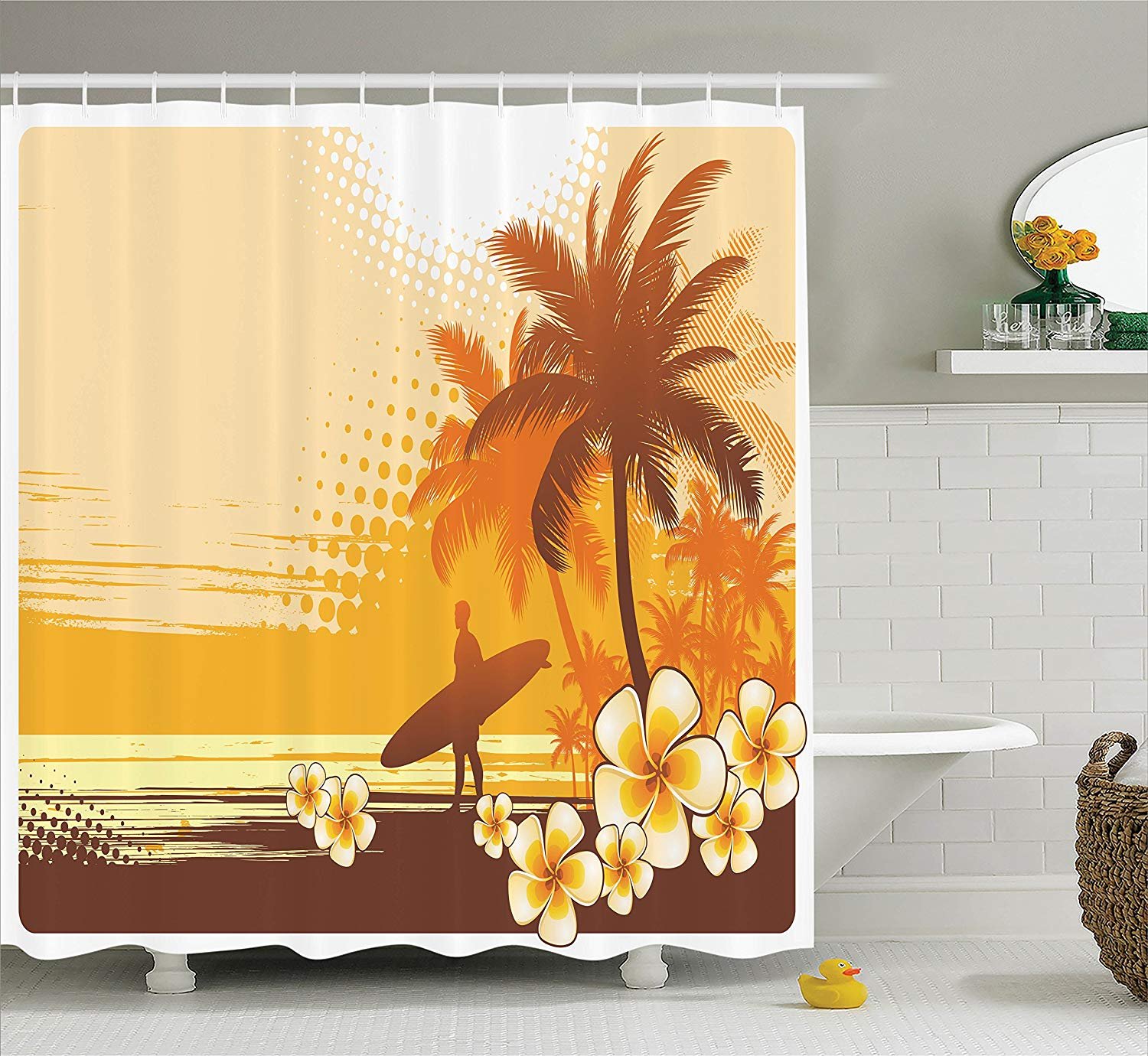 Artsy Surf Shower Curtain - Tropical Surfer Design 70x70 Inch for Beach Style Bathroom