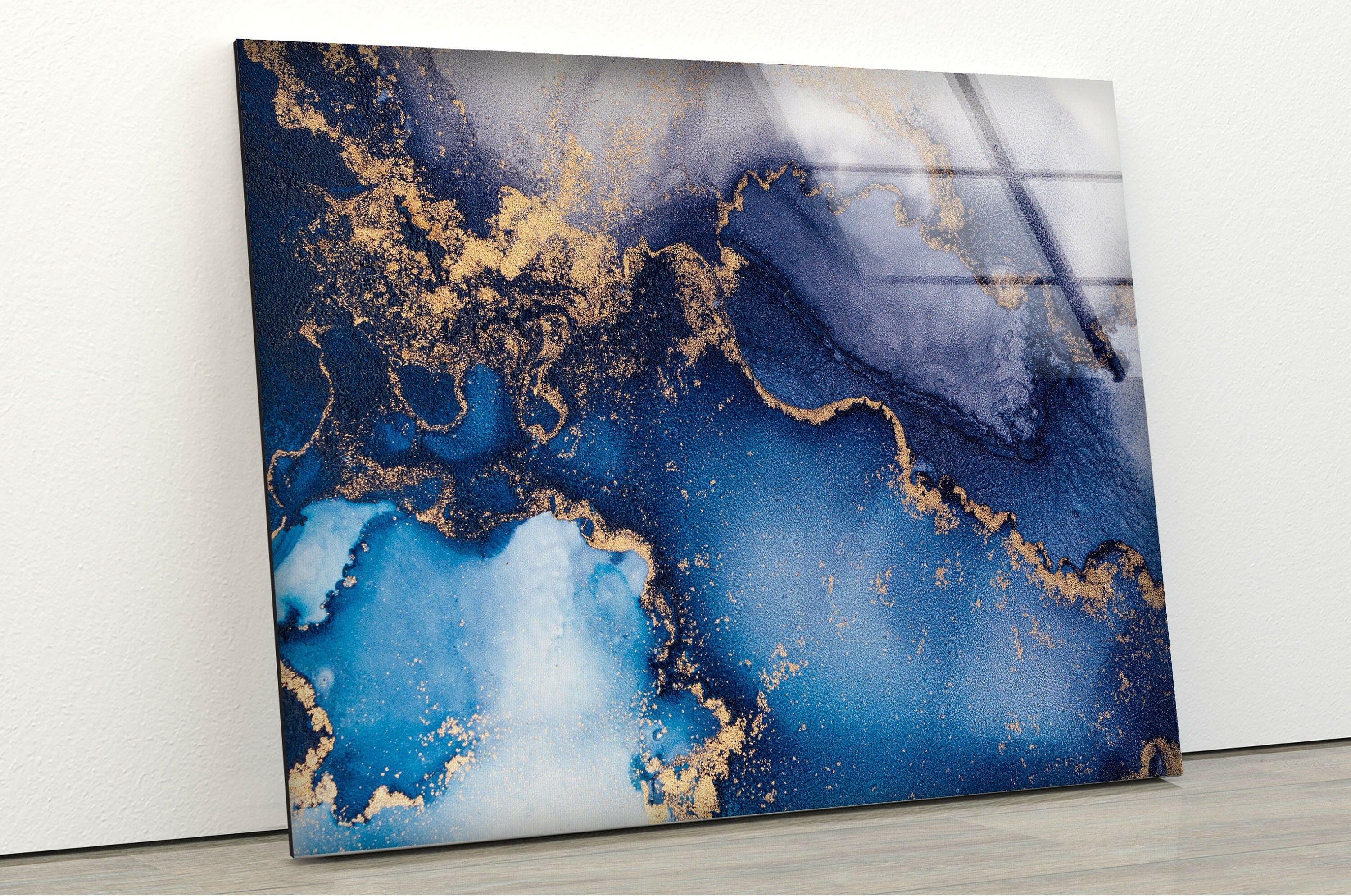 Blue and Gold Alcohol Ink Glass Wall Art - Handmade Modern Abstract Painting for Home & Office Decor - Perfect for Living Room, Bedroom, or Gift