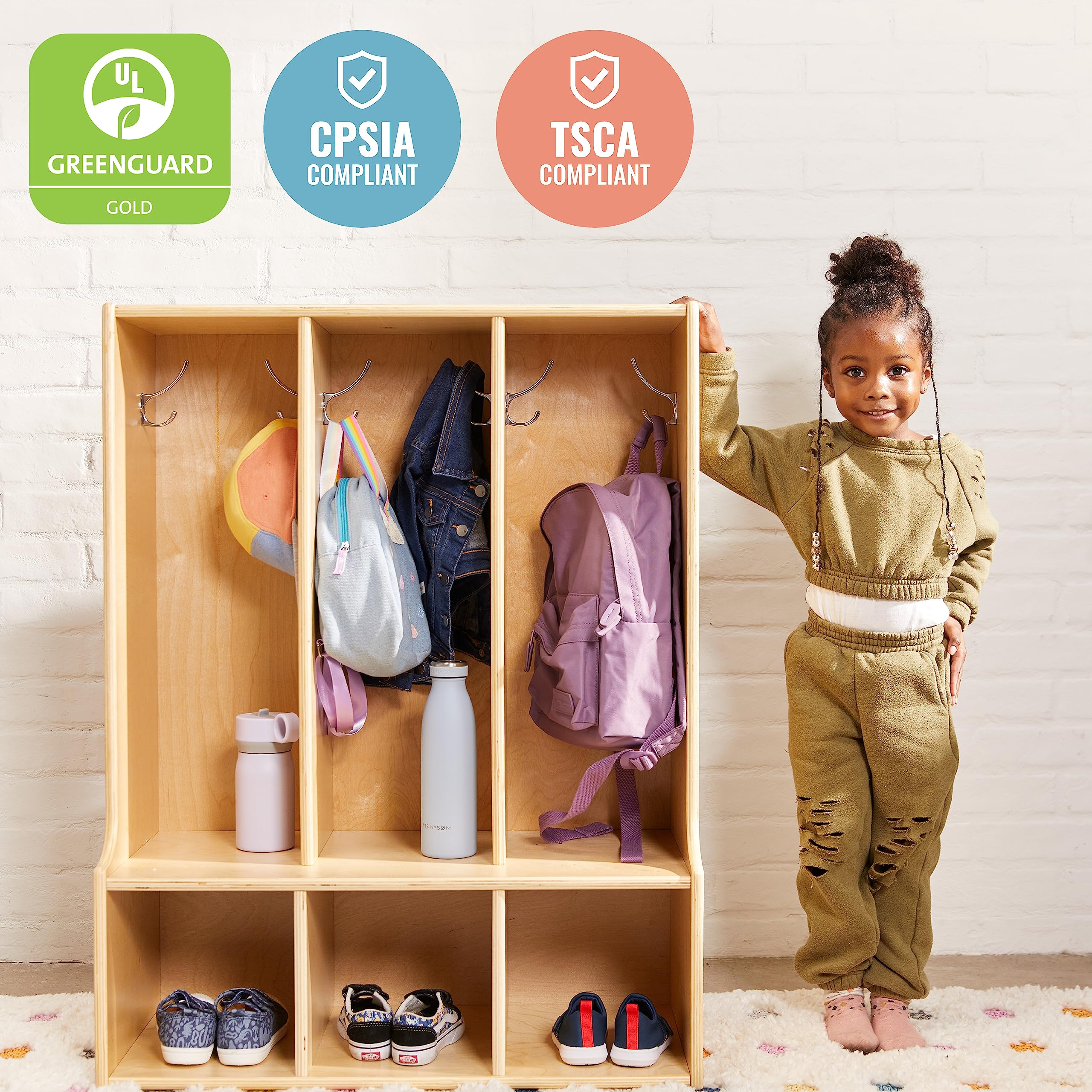 ECR4Kids 3-Section Toddler Coat Locker with Bench - Natural Wood Kids Storage Furniture for Daycare, Preschool & Home Entryway Organization