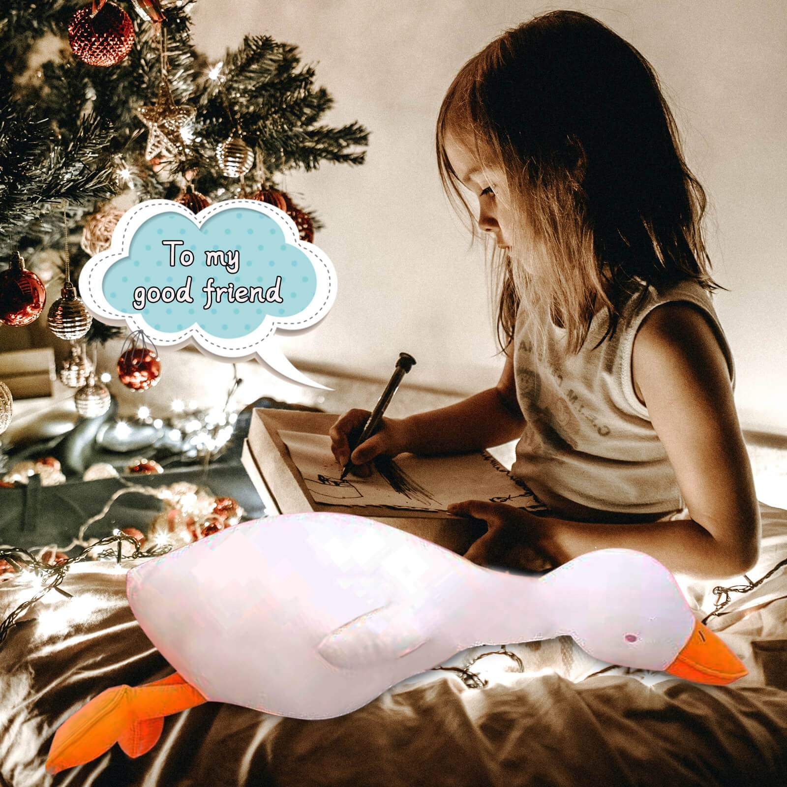 Cute Goose Plush Toy - Soft Hugging Duck Stuffed Animal Pillow for Kids & Friends (White Round Eyes, 43.3