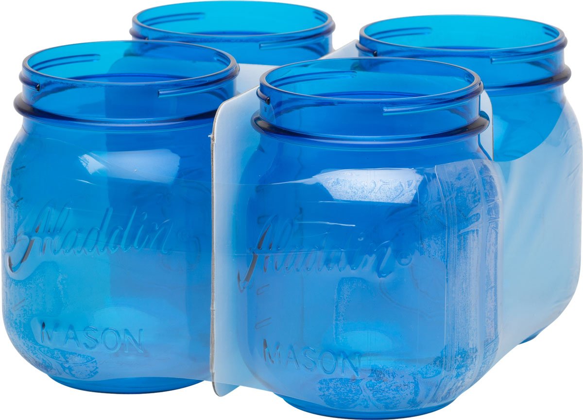 Aladdin Classic Mason Jars 16oz - Set of 4 Blue Glass Drinking Cups with Lids - Perfect for Iced Coffee, Smoothies, and Home Canning - BPA Free Reusable Containers