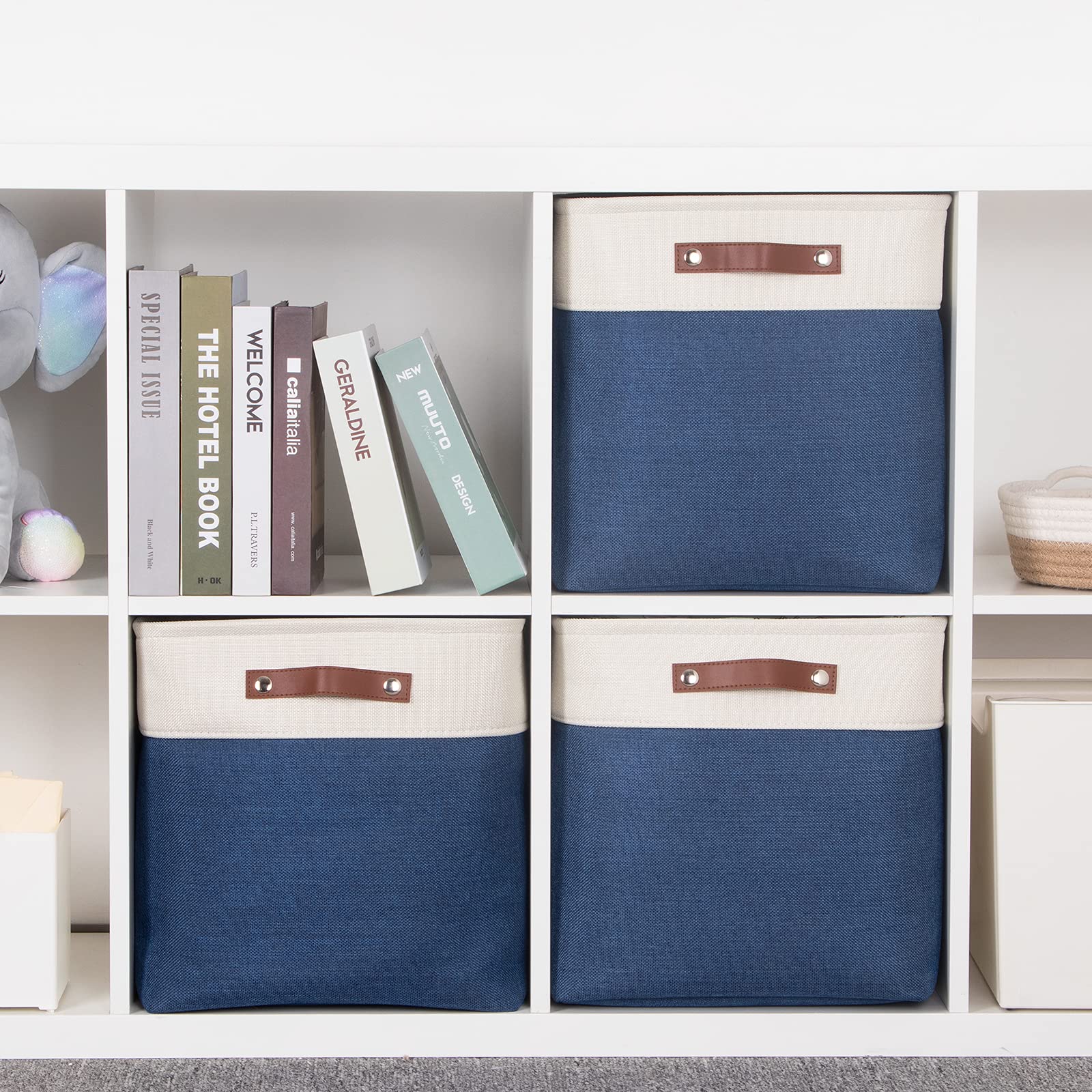 3-Pack Fabric Storage Cubes & Bins - 13x13 Collapsible Organizer Baskets with Leather Handles (White & Blue) | Perfect for Shelves, Closets & Toy Storage | Home Organization & Nursery Decor
