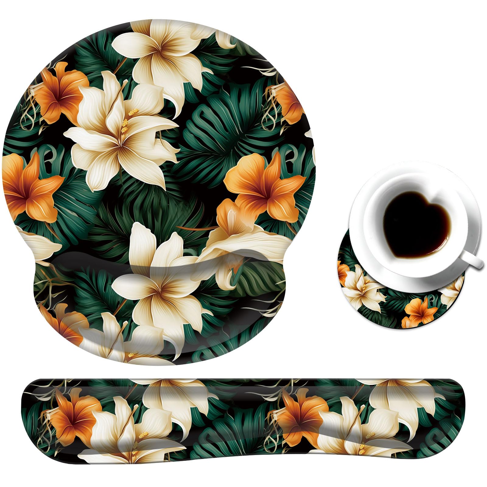 Ergonomic Keyboard Wrist Rest & Mouse Pad Support Set with Memory Foam - Comfortable Typing & Pain Relief for Office, Gaming & Home Use - White Brown Floral Design for Laptop, Mac & PC Workspace