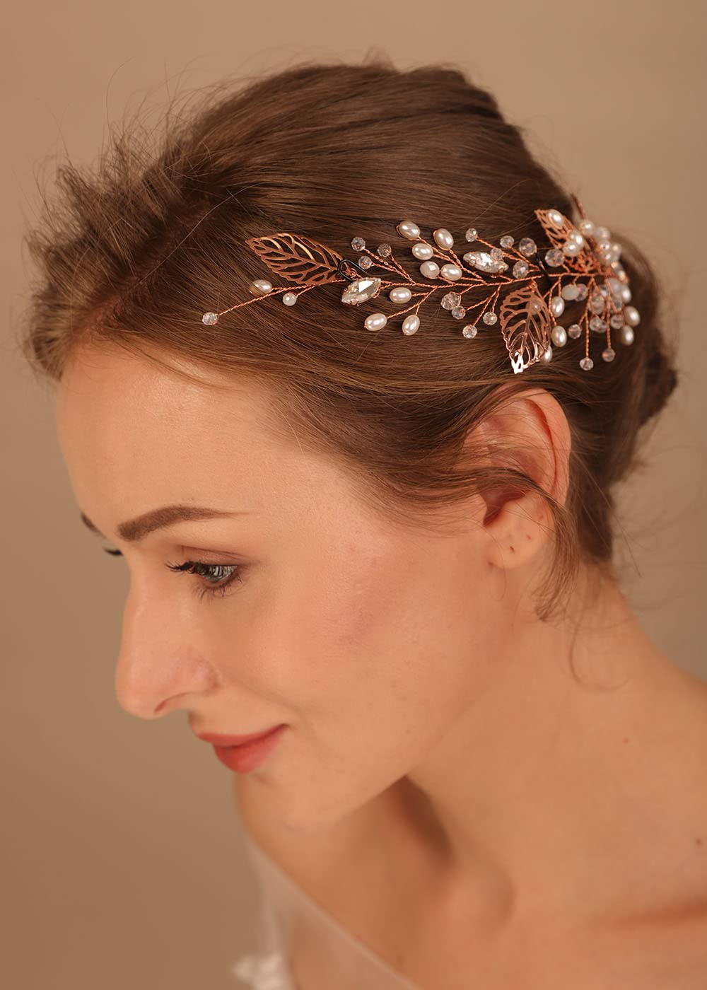 Denifery Makeup Gold Leaves Hair Vine with Pearls - Elegant Bridal Headpiece for Weddings, Prom & Special Events - Rose Gold Hair Jewelry for Women & Girls