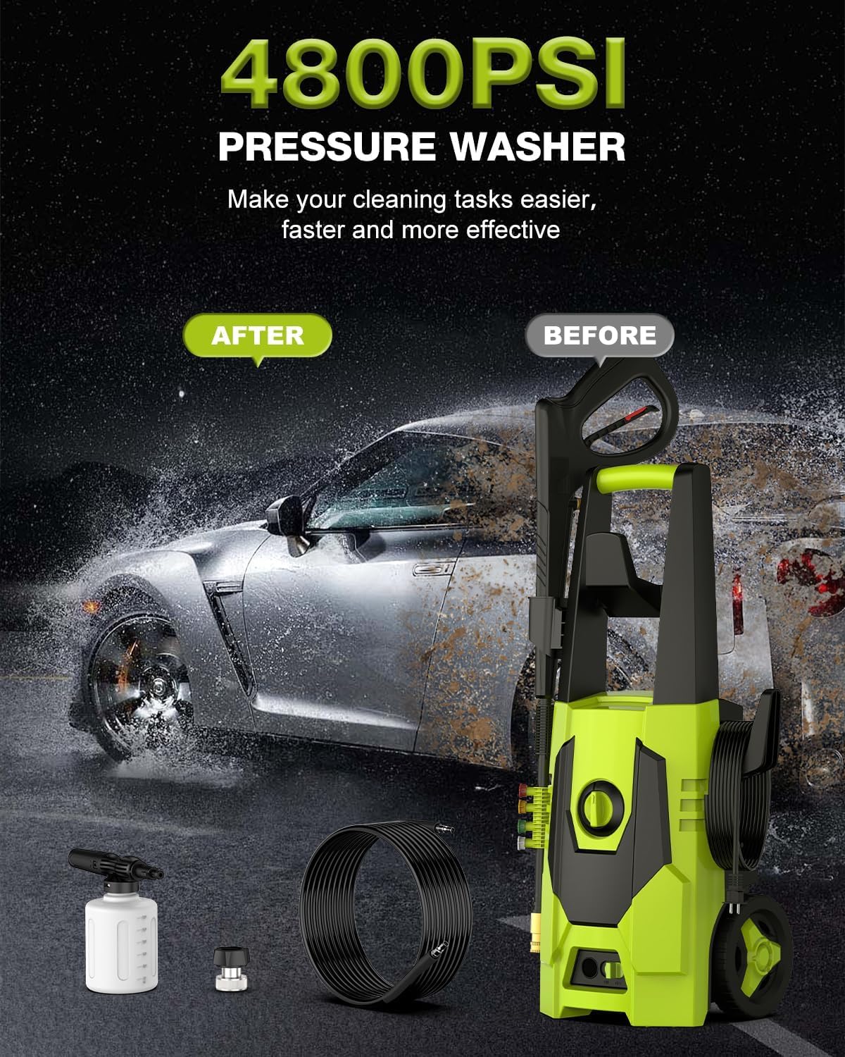 AgiiMan 4800PSI Electric Pressure Washer - 3.2 GPM High Power Washer with 35FT Cord & 20FT Hose, Soap Tank - Ideal for Car Washing, Driveway Cleaning, Patio, Deck, Fence, and Outdoor Surface Cleaning