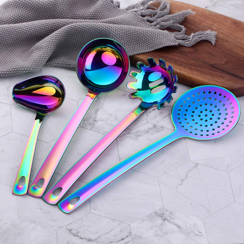 Premium 8-Piece Stainless Steel Kitchen Utensil Set with Titanium Rainbow Coating - Spatula, Slotted Spoon, Potato Masher & Cooking Tools for Baking, Frying & Food Prep - Dishwasher Safe Kitchen Gadgets