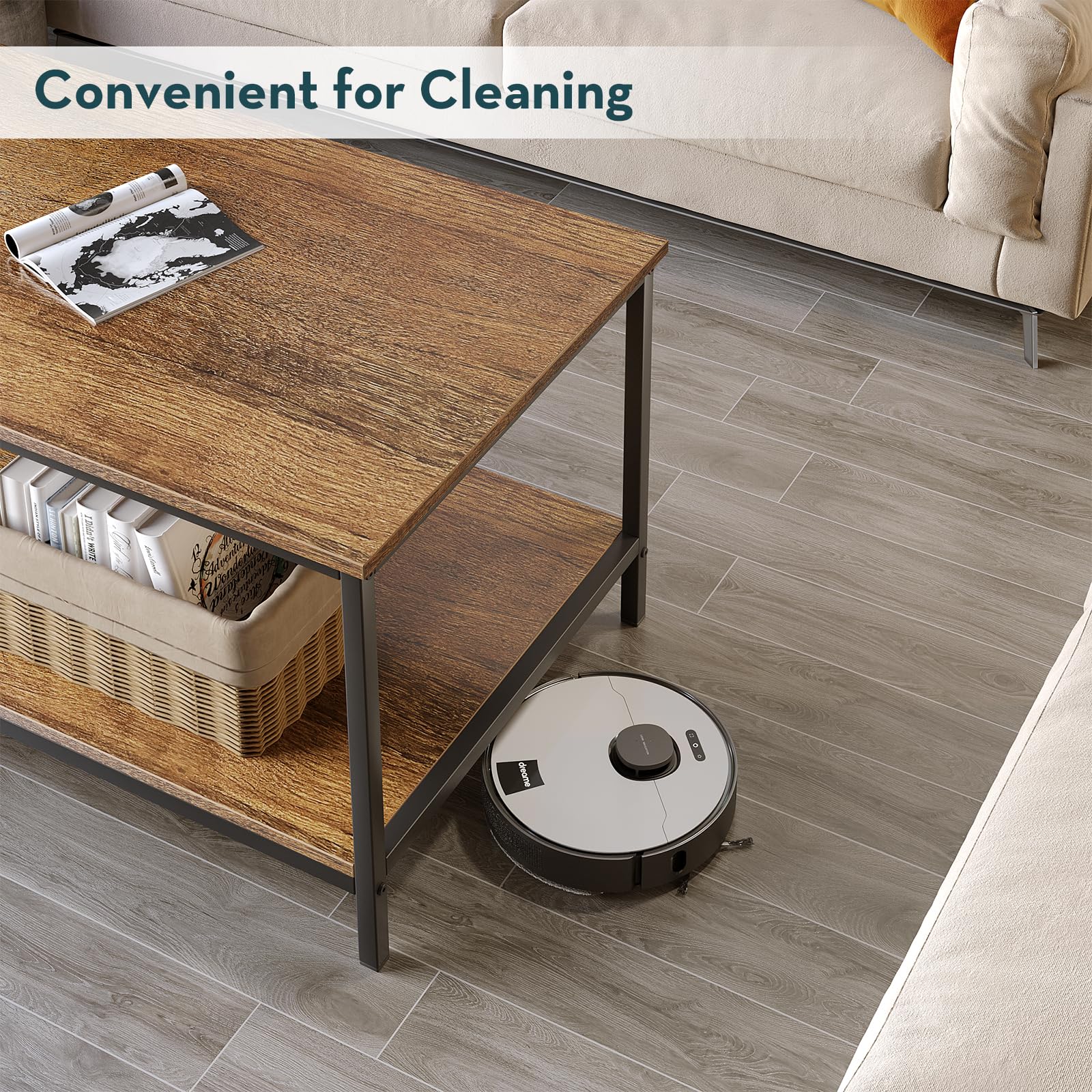 SAYGOER 2-Tier Industrial Coffee Table with Storage - Rectangle Wood Center Table for Living Room, Small Spaces, Apartment & Home Office - Walnut Finish | Perfect for Entertaining Guests, Holding Remotes & Magazines, and Adding Rustic Charm to Your Space