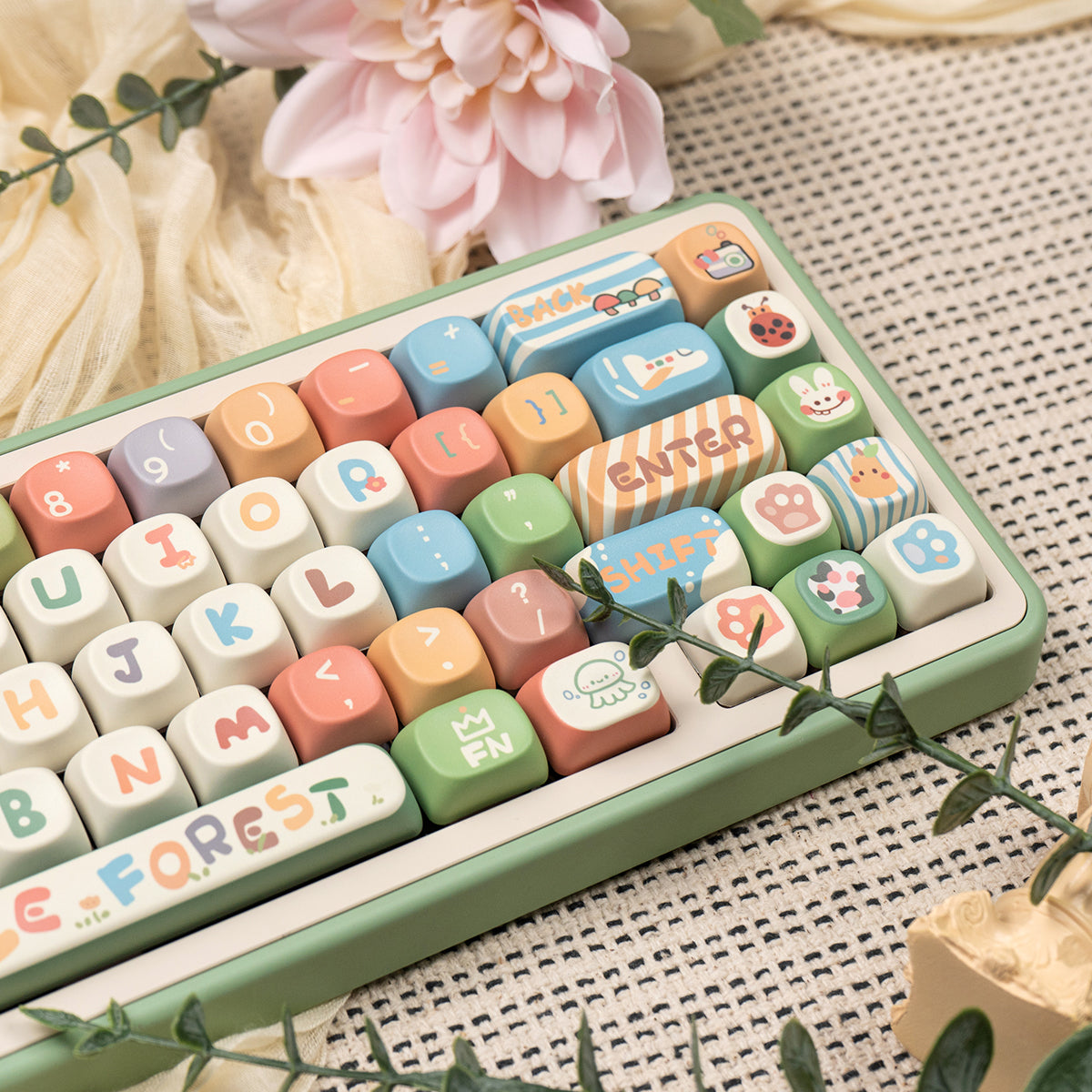 MOA Little Forest Magnetic Axis Mechanical Keyboard Keycaps - Cute Cartoon PBT Heat Sublimation Keycap Set for Gaming & Typing (Perfect for Office, Home & Gaming Setup)