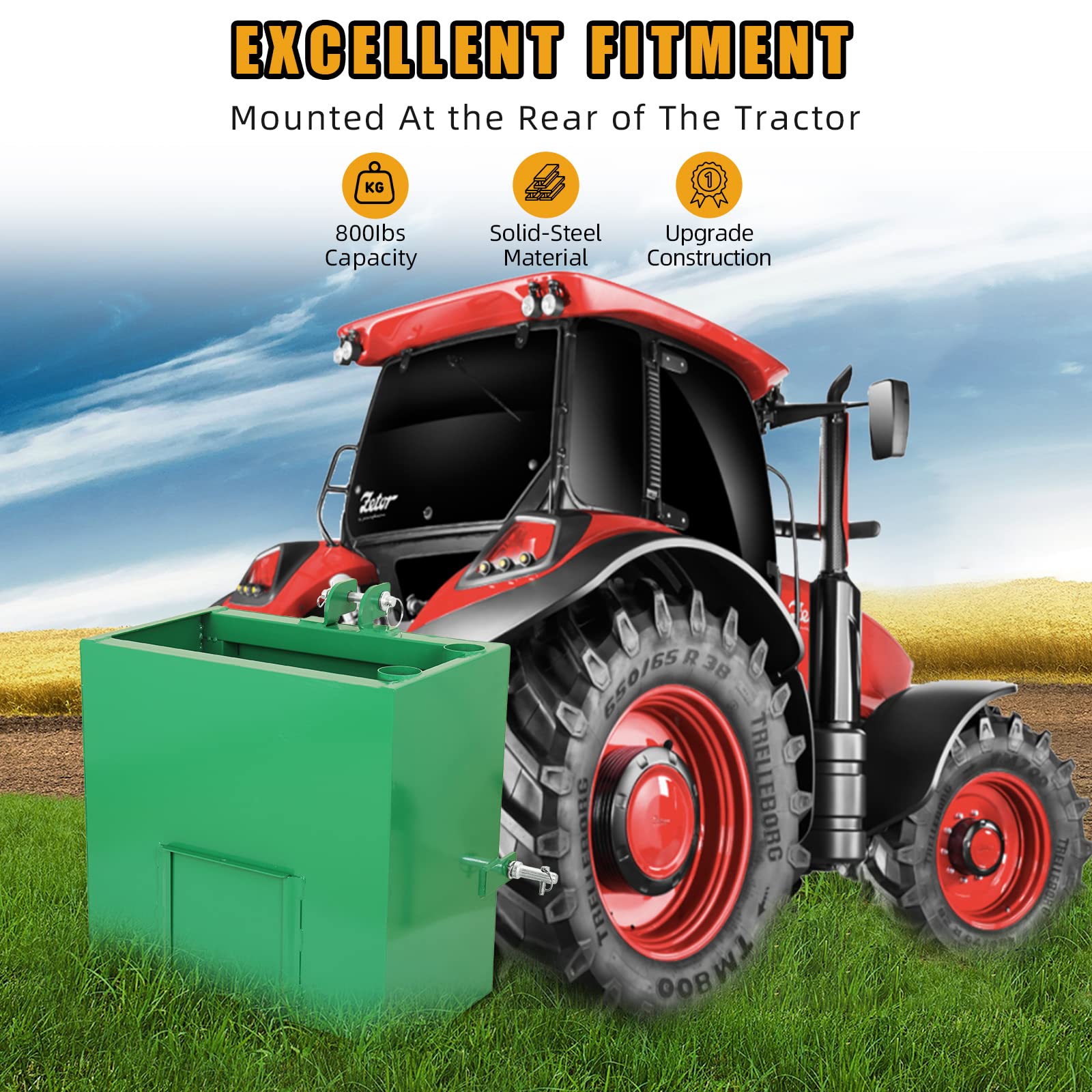 800lbs Capacity 3 Point Ballast Box - 5 cu.ft Heavy Duty Tractor Counterweight for Category 1 Hitch, Fits Standard 2'' Receiver - Perfect for Tractor Stability, Load Balancing & Agricultural Work