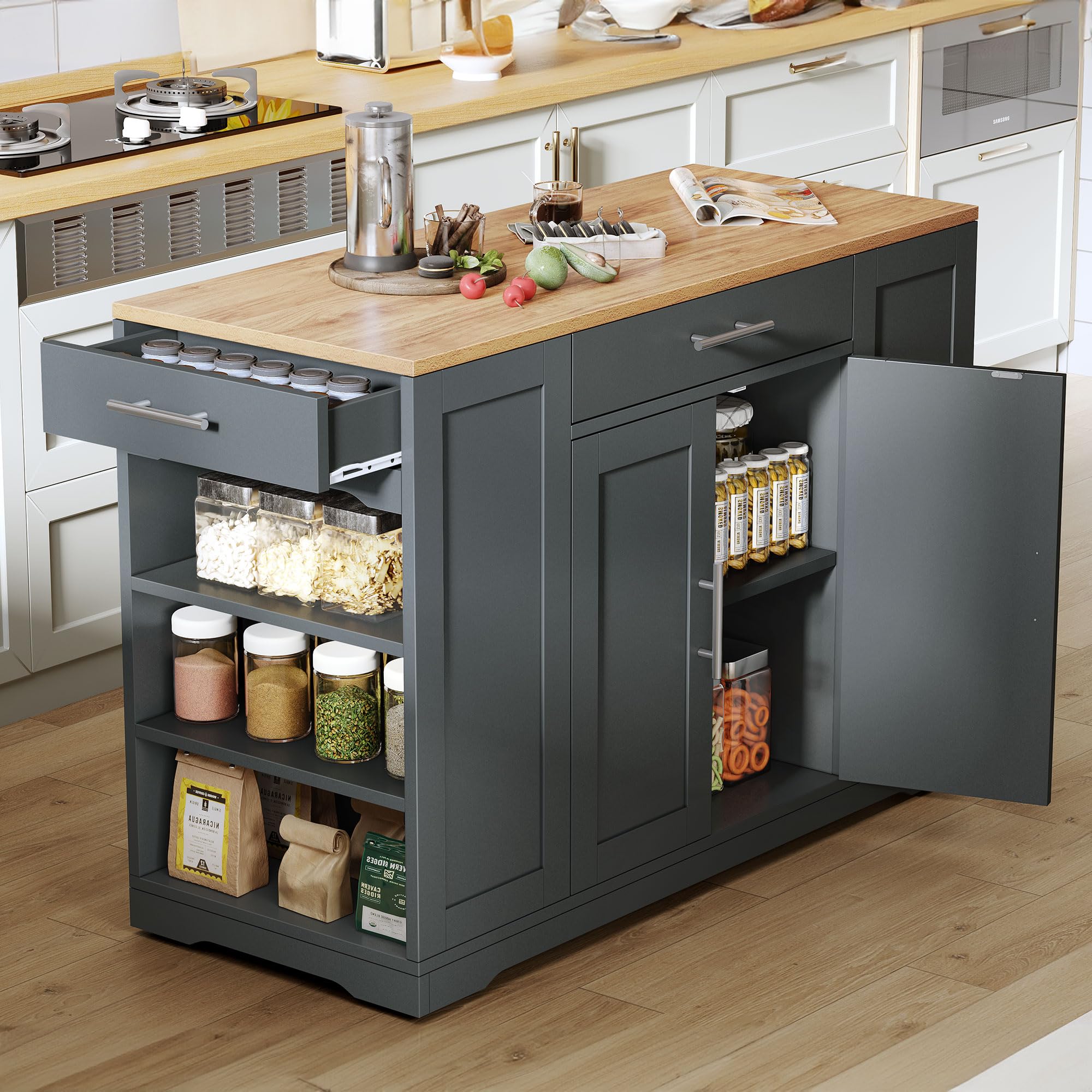 DWVO 53-Inch Large Kitchen Island with Trash Can Storage Cabinet - Portable Rolling Island Table with Wheels for 13 Gallon Garbage Bin, Grey - Perfect for Small Kitchens, Open Shelving Storage & Multi-Purpose Food Prep Station