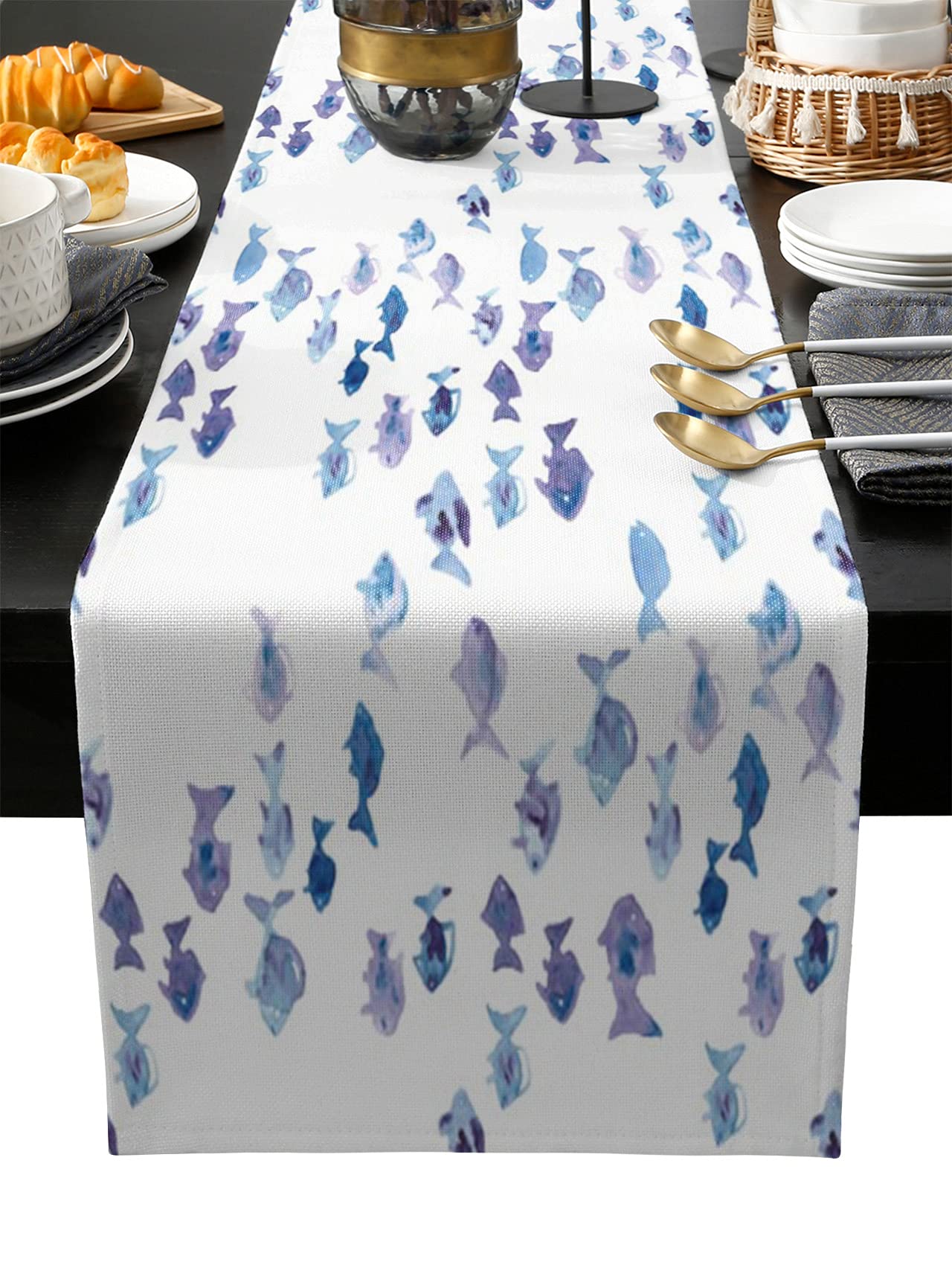 70 Inch Burlap Linen Table Runner - Watercolor Blue Purple Fish Design, Farmhouse Coastal Decor for Dining Table, Coffee Table, Wedding & Banquet | Perfect for Kitchen, Dresser, and Marine Life Themed Parties