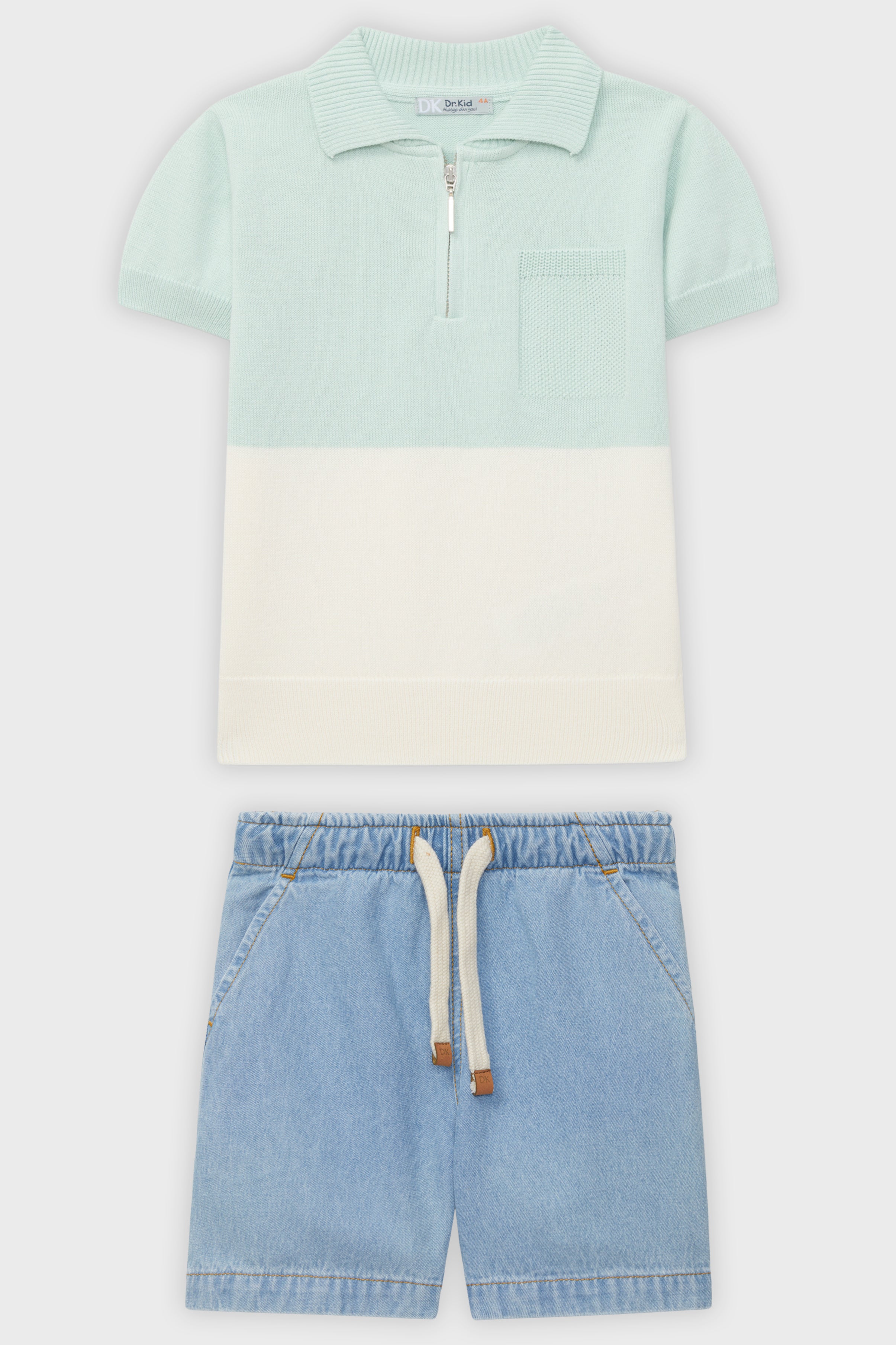 Stylish Mint Color Block Polo Shirt & Distressed Denim Shorts Set - Casual Summer Outfit for Men | Perfect for Beach, Vacation, and Outdoor Activities