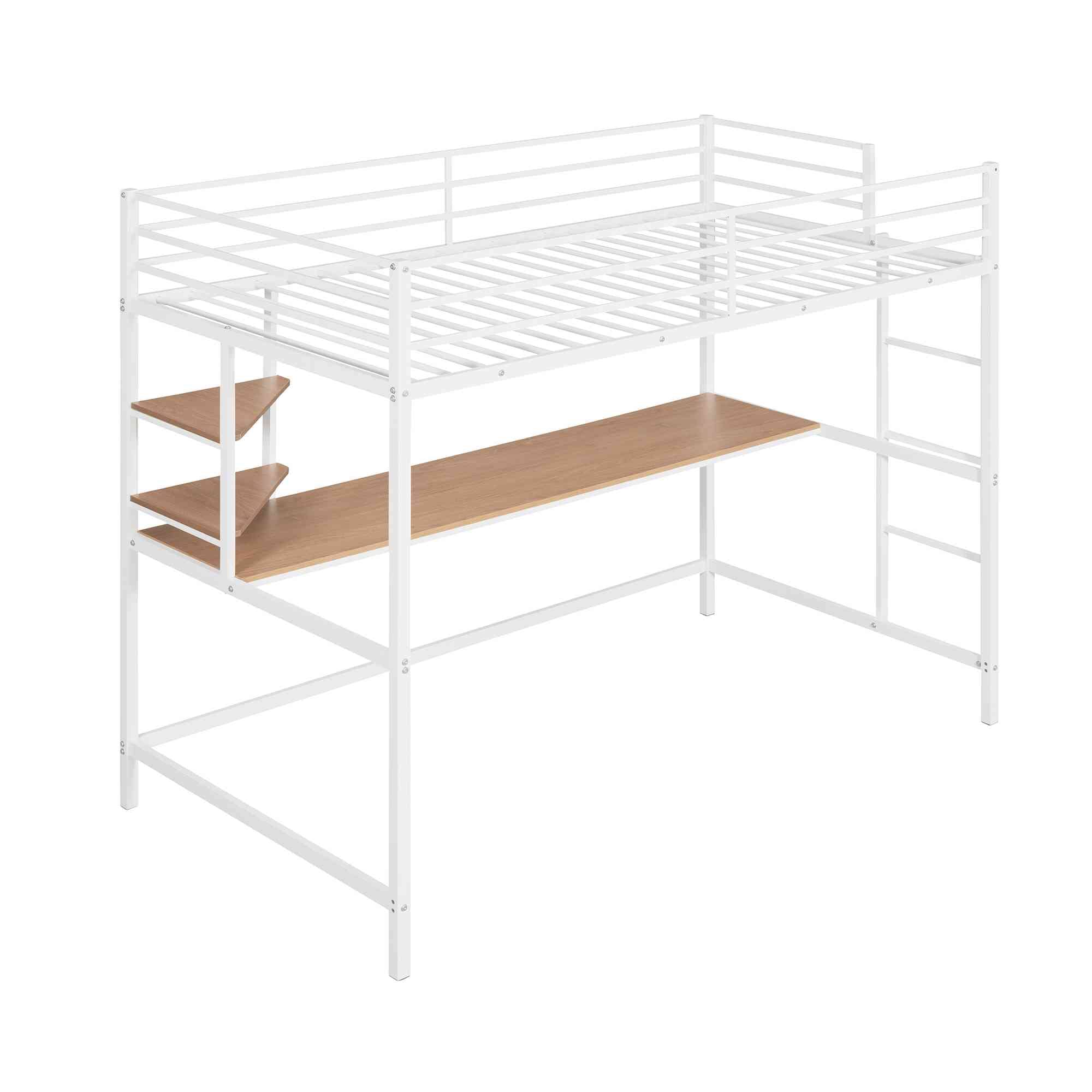 ATY White Metal Twin Size Loft Bed with Desk & Shelves - Space Saving Steel Bed Frame with Ladder for Small Bedroom, Dorm Room - Easy Assembly Study & Sleep Solution for Teens & College Students