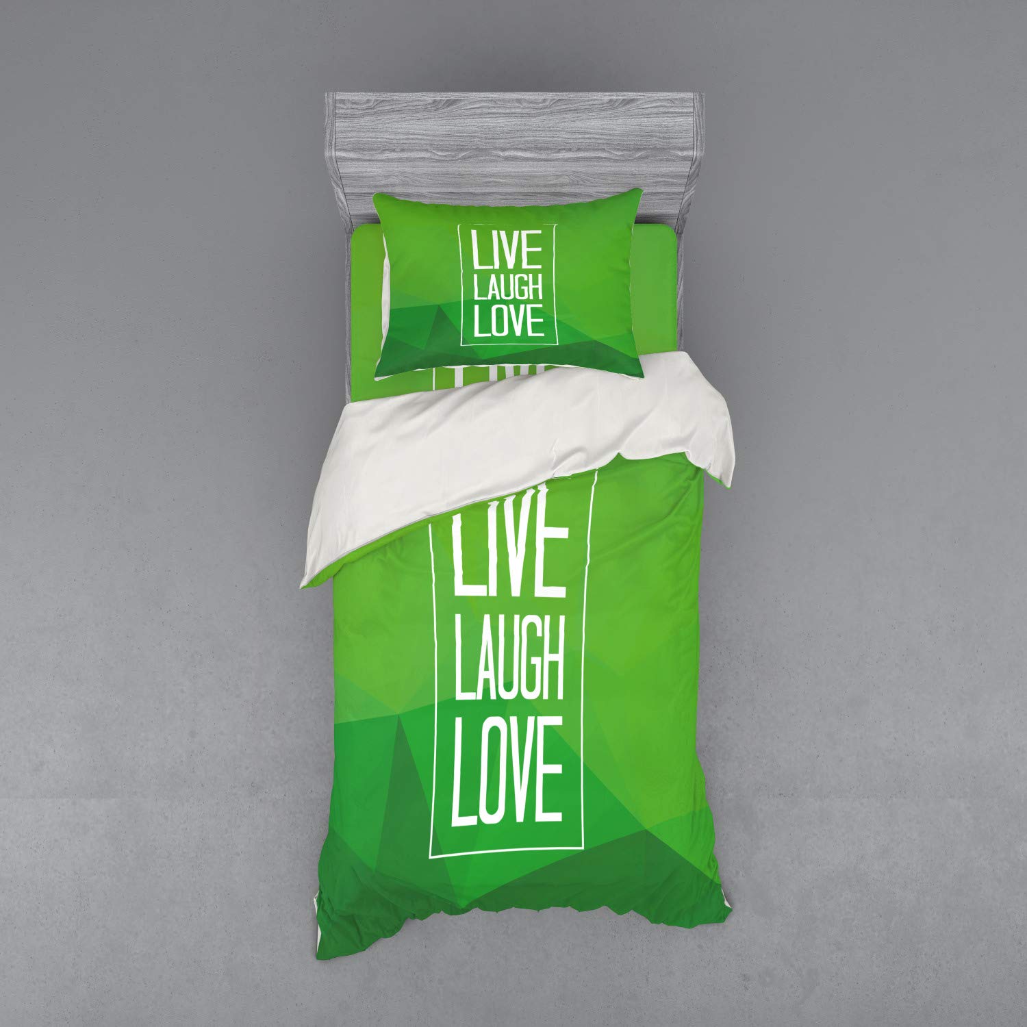 Ambesonne Live Laugh Love 3-Piece Duvet Cover Set - Modern Geometric Triangle Pattern with Inspirational Quote, Twin XL Size in Apple Green & White - Perfect for Teen Bedrooms, Dorm Decor & Cozy Bedroom Makeovers