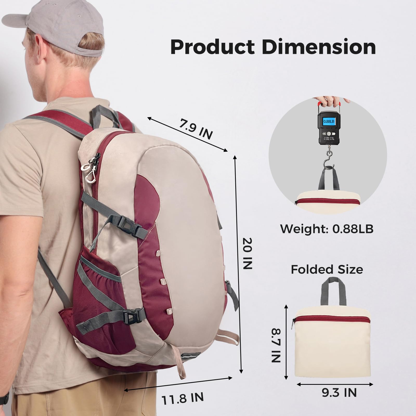 40L Water Resistant Hiking Backpack - Ultra Lightweight Foldable Travel Backpack for Men & Women - Perfect for Camping, Day Trips and Outdoor Adventures (Beige/Red)